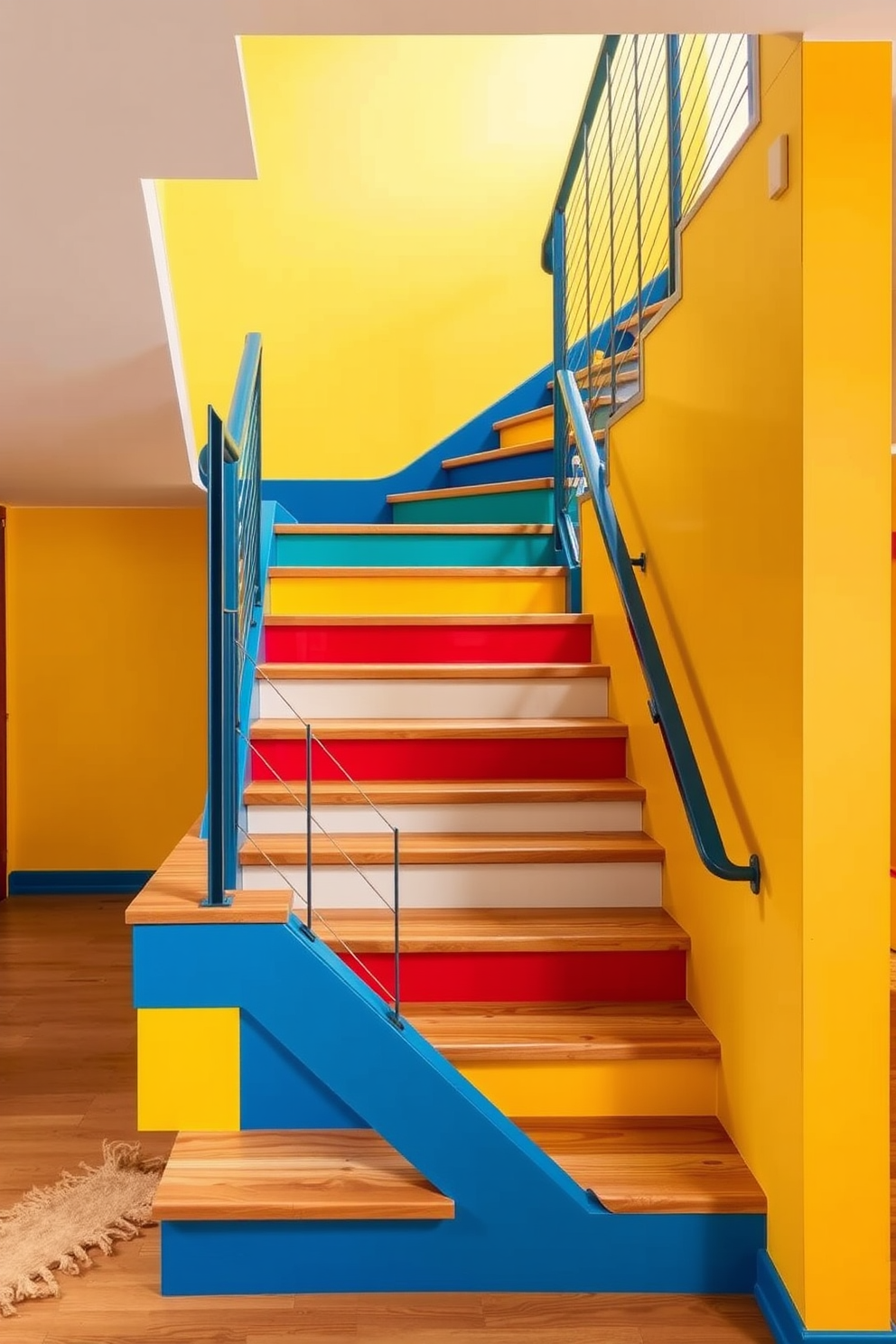 An industrial-style staircase with raw finishes features exposed metal railings and wooden treads that showcase their natural grain. The surrounding walls are made of unfinished brick, adding to the rugged aesthetic, while large windows allow natural light to flood the space. Mid-Century Modern staircase design ideas incorporate sleek lines and organic shapes with a combination of wood and metal elements. The balustrades are often minimalistic, emphasizing the staircase's elegant silhouette against a backdrop of warm, earthy tones.