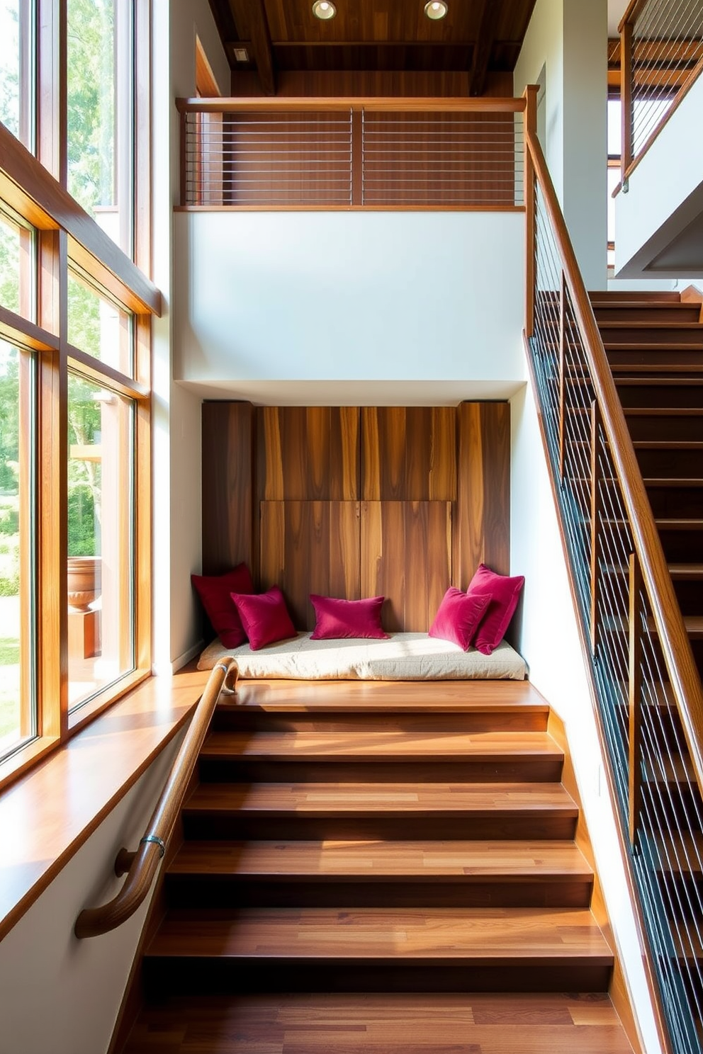 A stunning staircase features built-in seating that seamlessly integrates with the design. The seating area is adorned with plush cushions in rich colors, creating a cozy nook that invites relaxation. The staircase itself showcases elegant wood railings and smooth, polished steps. Large windows flank the staircase, allowing natural light to flood the space and highlight the Mid-Century Modern aesthetic.