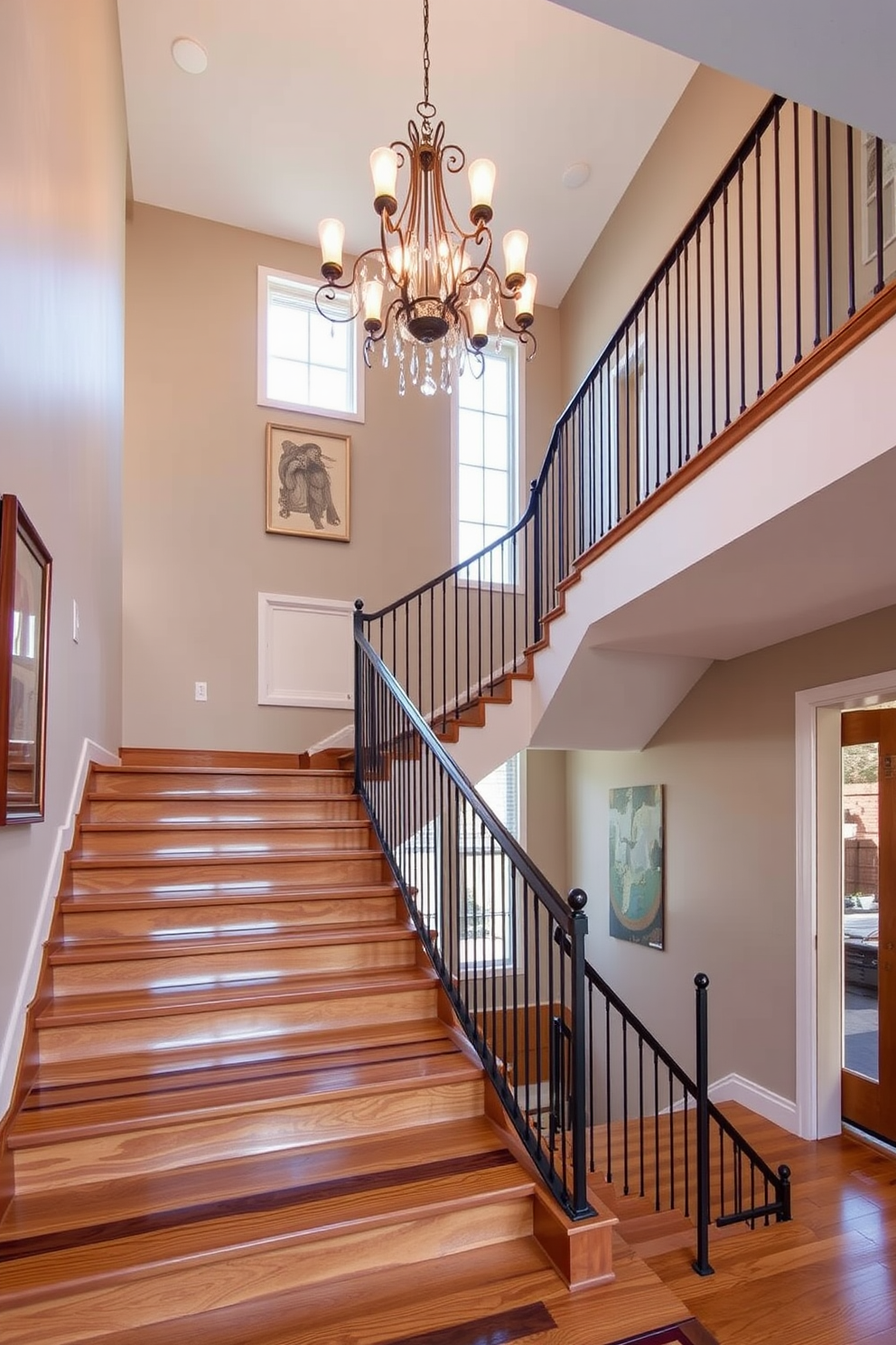 Elegant staircase with chandelier overhead. The staircase features sleek wooden steps with a polished finish, complemented by a wrought iron railing that adds a touch of sophistication. A grand chandelier hangs above, casting a warm glow that illuminates the space. The walls are adorned with subtle artwork, enhancing the overall elegance of the staircase design. Mid-Century Modern staircase design ideas. The staircase showcases a minimalist aesthetic with clean lines and geometric shapes, incorporating natural wood and metal elements. Large windows allow natural light to flood the area, highlighting the unique design features while creating an inviting atmosphere.