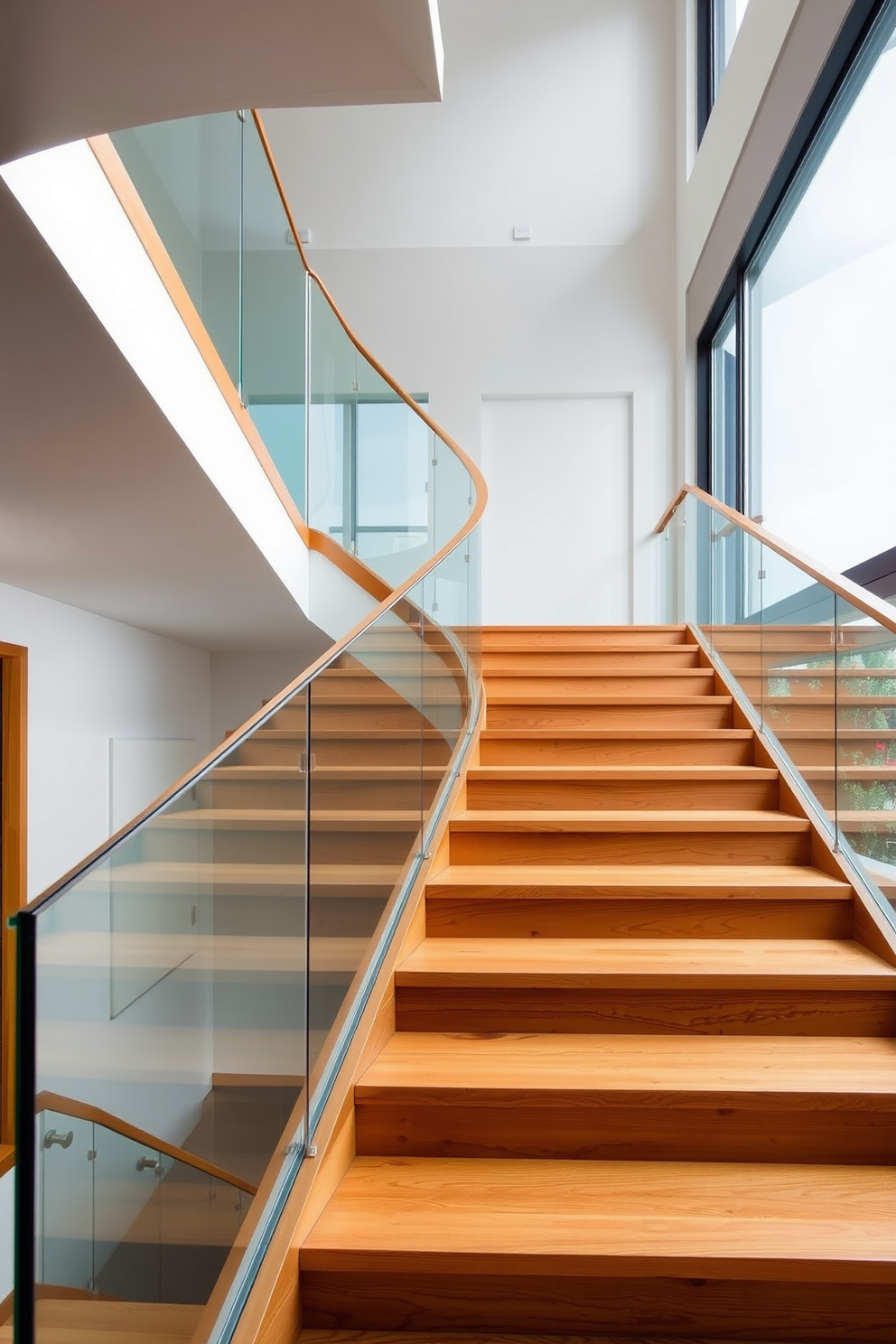 Elegant staircase with a gracefully curved balustrade crafted from polished wood. The steps are adorned with a rich runner in a geometric pattern that complements the surrounding decor. Mid-Century Modern staircase features sleek lines and minimalist design elements. The balustrade is made of metal with a warm wood accent, creating a striking focal point in a bright, open space.