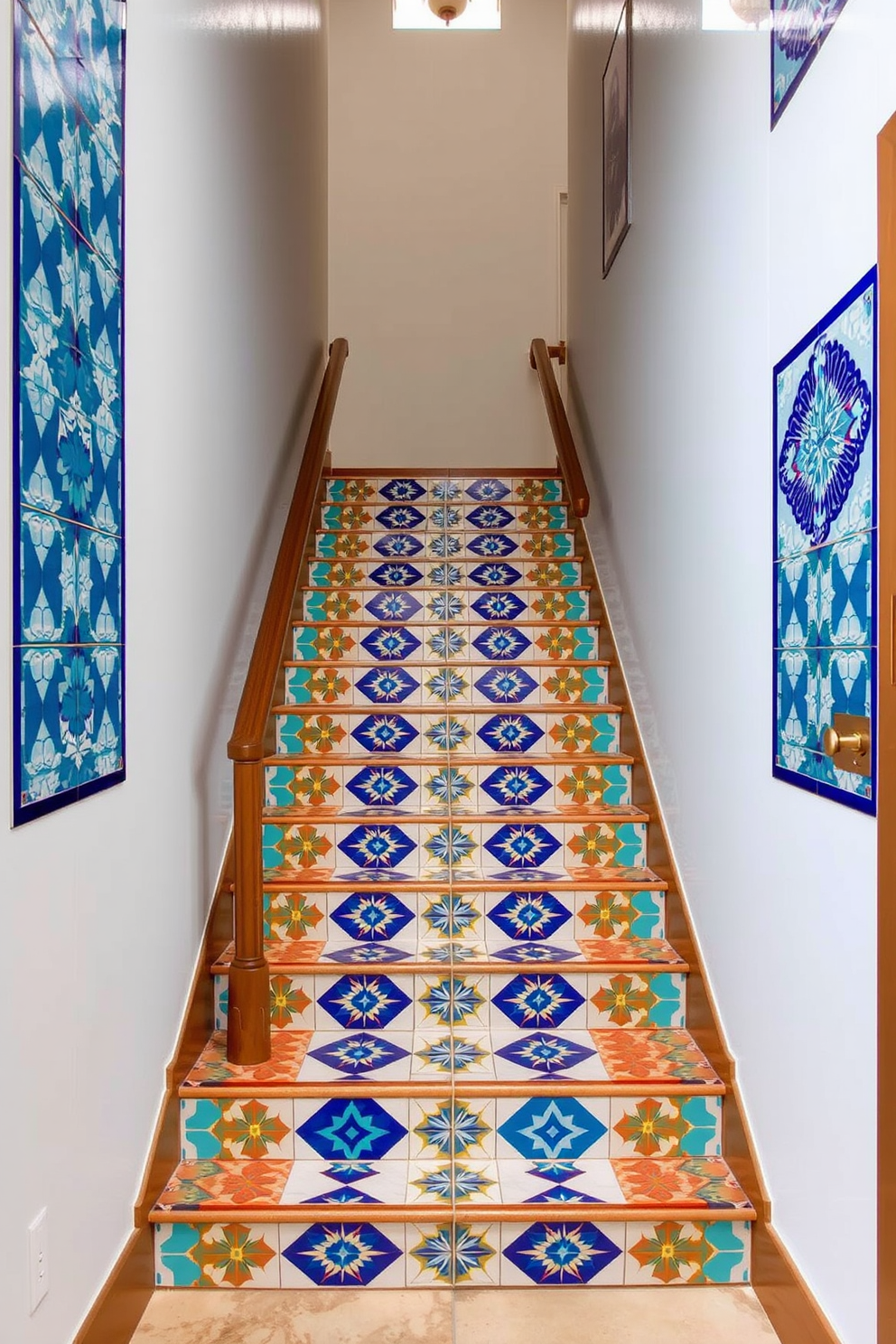 A stunning staircase featuring artistic tile patterns that draw the eye. The tiles showcase a vibrant mix of colors and geometric shapes, creating a focal point in the entryway. The staircase is designed in a Mid-Century Modern style, with clean lines and a minimalist aesthetic. Wooden handrails complement the tiled steps, enhancing the overall elegance of the space.