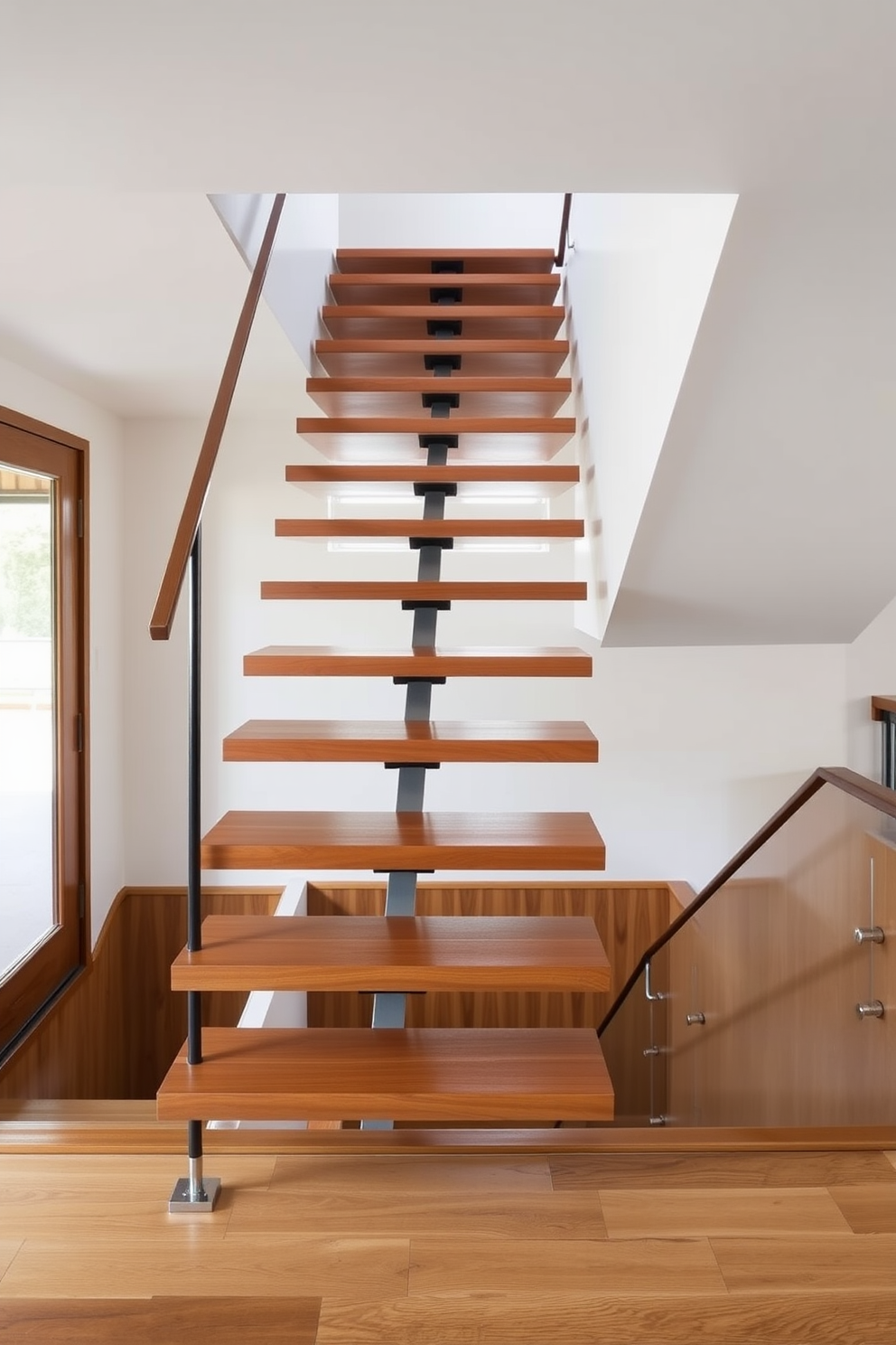 A mid-century inspired staircase features a sleek wooden railing in a rich walnut finish. The steps are painted in bold colors such as deep teal and mustard yellow, creating a vibrant focal point in the space. The walls adjacent to the staircase are adorned with abstract art pieces that reflect the era's aesthetic. A stylish pendant light hangs above, illuminating the staircase and enhancing its dramatic design.