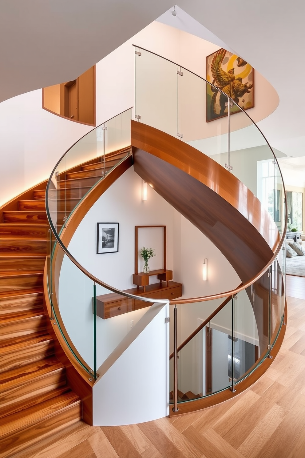 A stunning curved staircase showcases rich wood tones that create a warm and inviting atmosphere. The elegant design features sleek handrails and a blend of Mid-Century Modern aesthetics that enhance the overall sophistication of the space. Natural light floods the area, highlighting the beautiful grain of the wood and casting soft shadows on the walls. This architectural feature serves as a focal point, seamlessly connecting different levels of the home while adding a touch of timeless elegance.