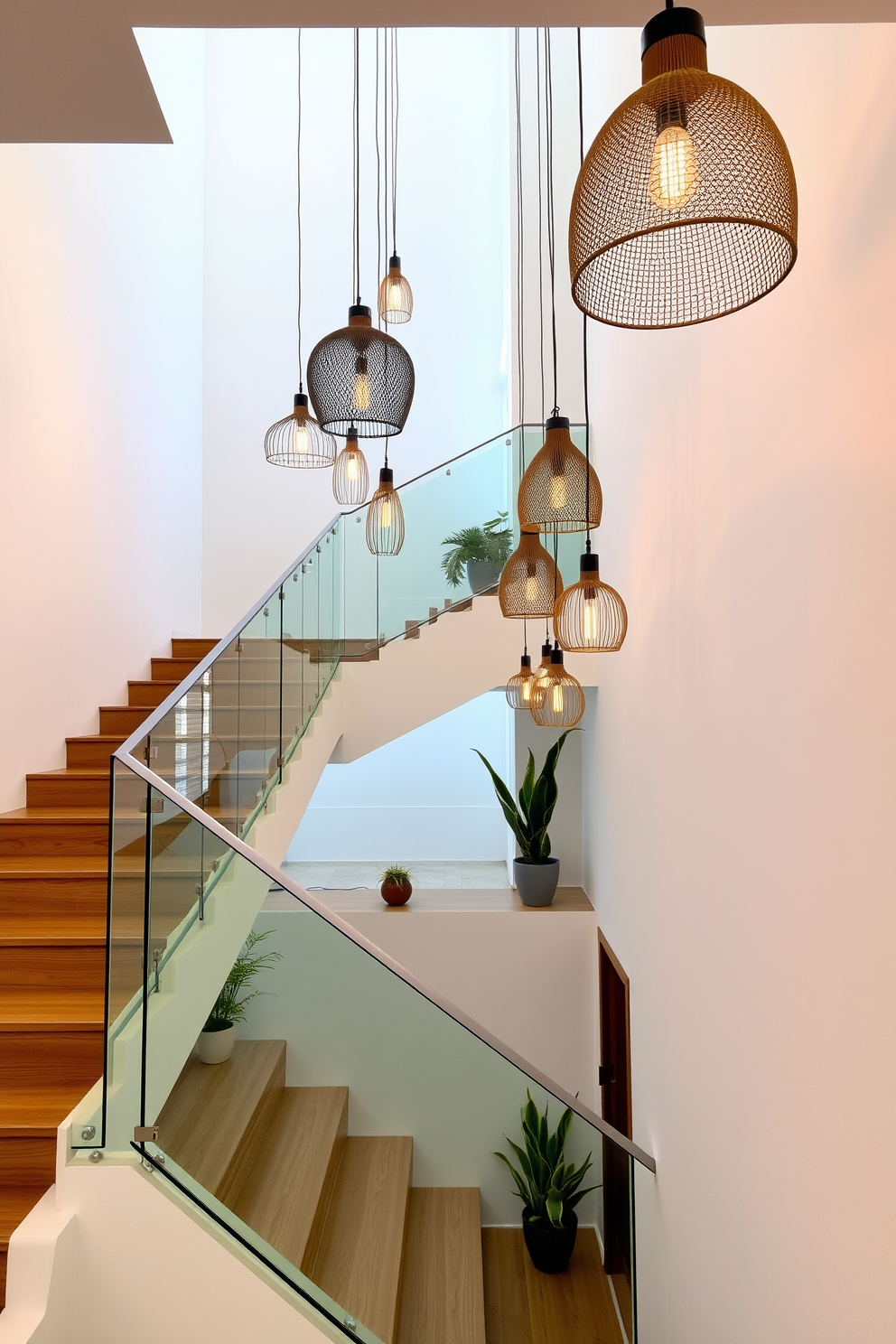 A stunning staircase design featuring unique light fixtures that create an inviting atmosphere. The staircase is adorned with sleek wooden steps and a glass railing, complemented by artistic pendant lights hanging at varying heights. The walls are painted in a soft white hue, enhancing the natural light that flows through the space. Decorative elements such as potted plants are strategically placed along the staircase for added visual interest.