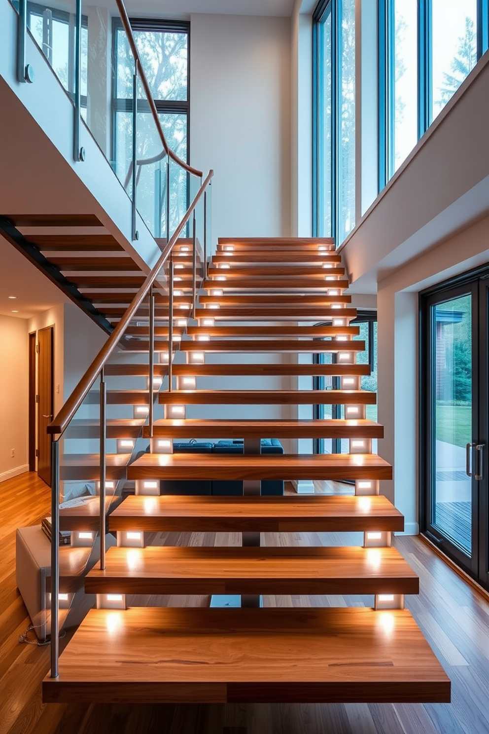 A stunning floating staircase with integrated lighting creates a striking focal point in the entryway. The steps are crafted from rich hardwood, seamlessly suspended with sleek metal supports that highlight the modern aesthetic. The staircase features built-in LED lights that illuminate each step, enhancing safety while adding a warm ambiance. Surrounding the staircase, large windows allow natural light to flood the space, showcasing the beauty of the Mid-Century Modern design.