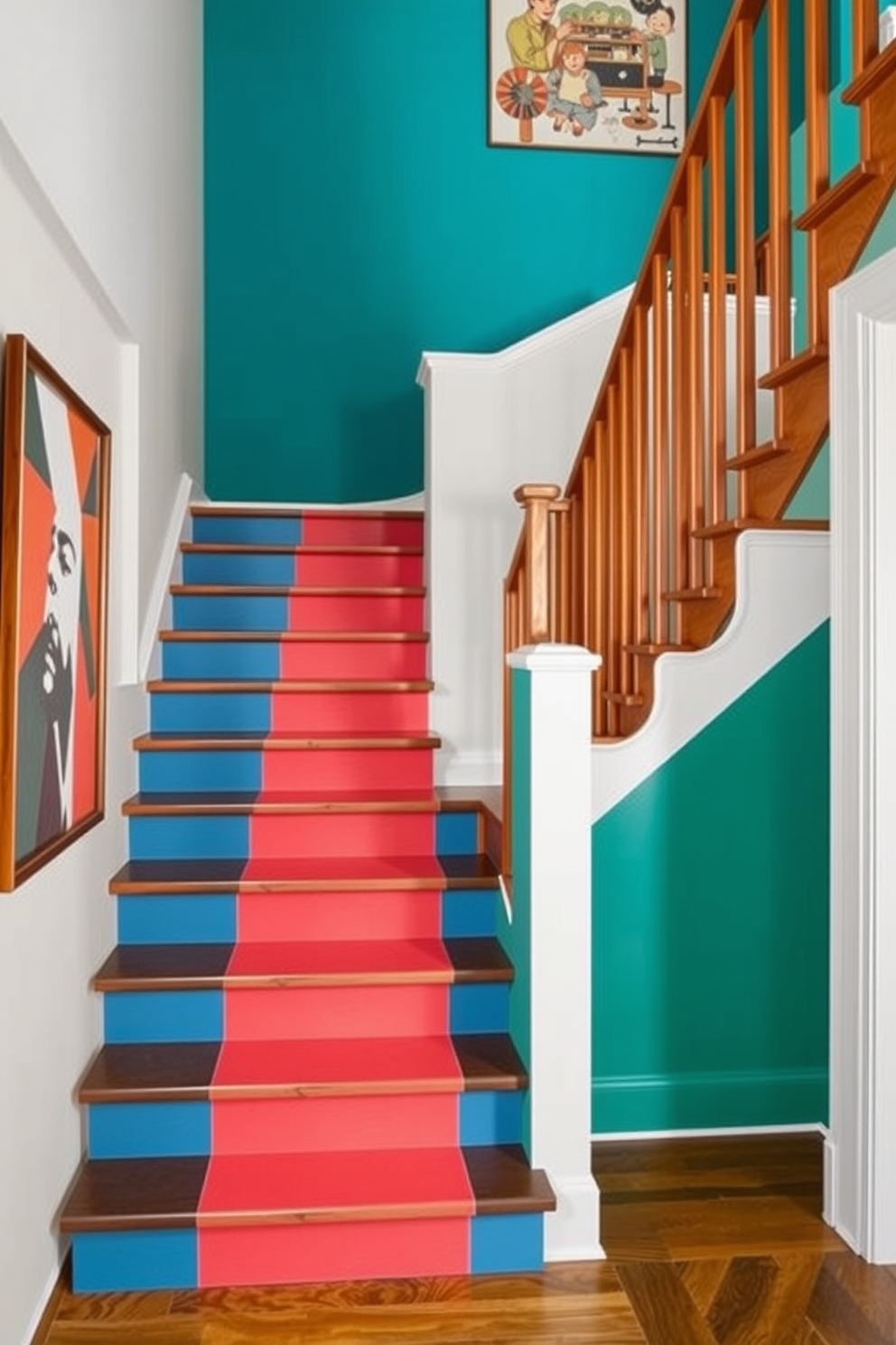 A bold color staircase features vibrant hues that draw the eye and create a striking focal point in the space. The contrasting treads add depth and interest, enhancing the overall aesthetic with a playful yet sophisticated touch. The Mid-Century Modern staircase showcases clean lines and organic forms, seamlessly blending function with style. Rich wood finishes and geometric patterns complement the bold colors, creating a harmonious and inviting atmosphere.