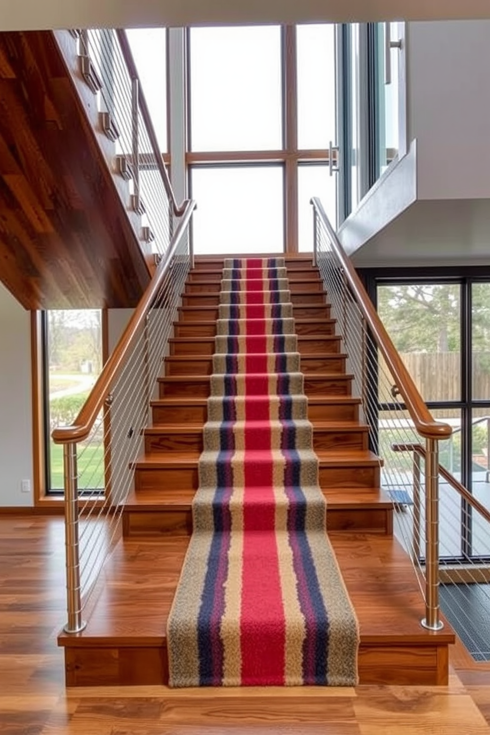 A stained wood staircase features a retro carpet runner that adds a pop of color and texture. The staircase is flanked by sleek metal railings, creating a striking contrast with the warm wood tones. The Mid-Century Modern design embraces clean lines and geometric shapes. Large windows provide natural light, highlighting the unique angles and materials used in the staircase design.