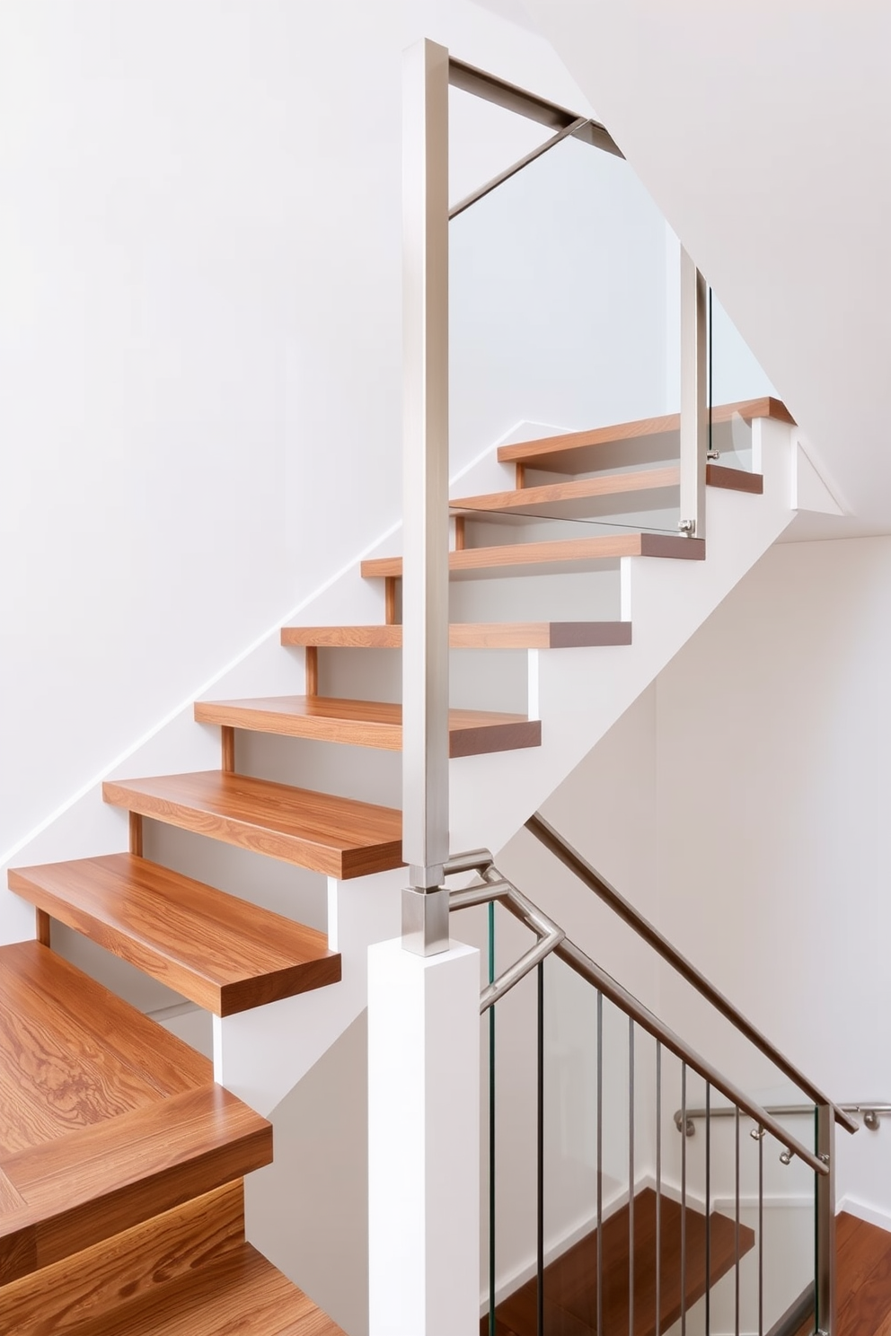 A minimalist staircase with a sleek handrail features open risers that create a sense of lightness and space. The handrail is made of polished metal, complementing the wooden steps that have a natural finish. For a Mid-Century Modern staircase design, the structure showcases geometric lines and organic shapes. Rich walnut wood is used for the treads, while the balusters are crafted from a combination of glass and metal, enhancing the airy feel.