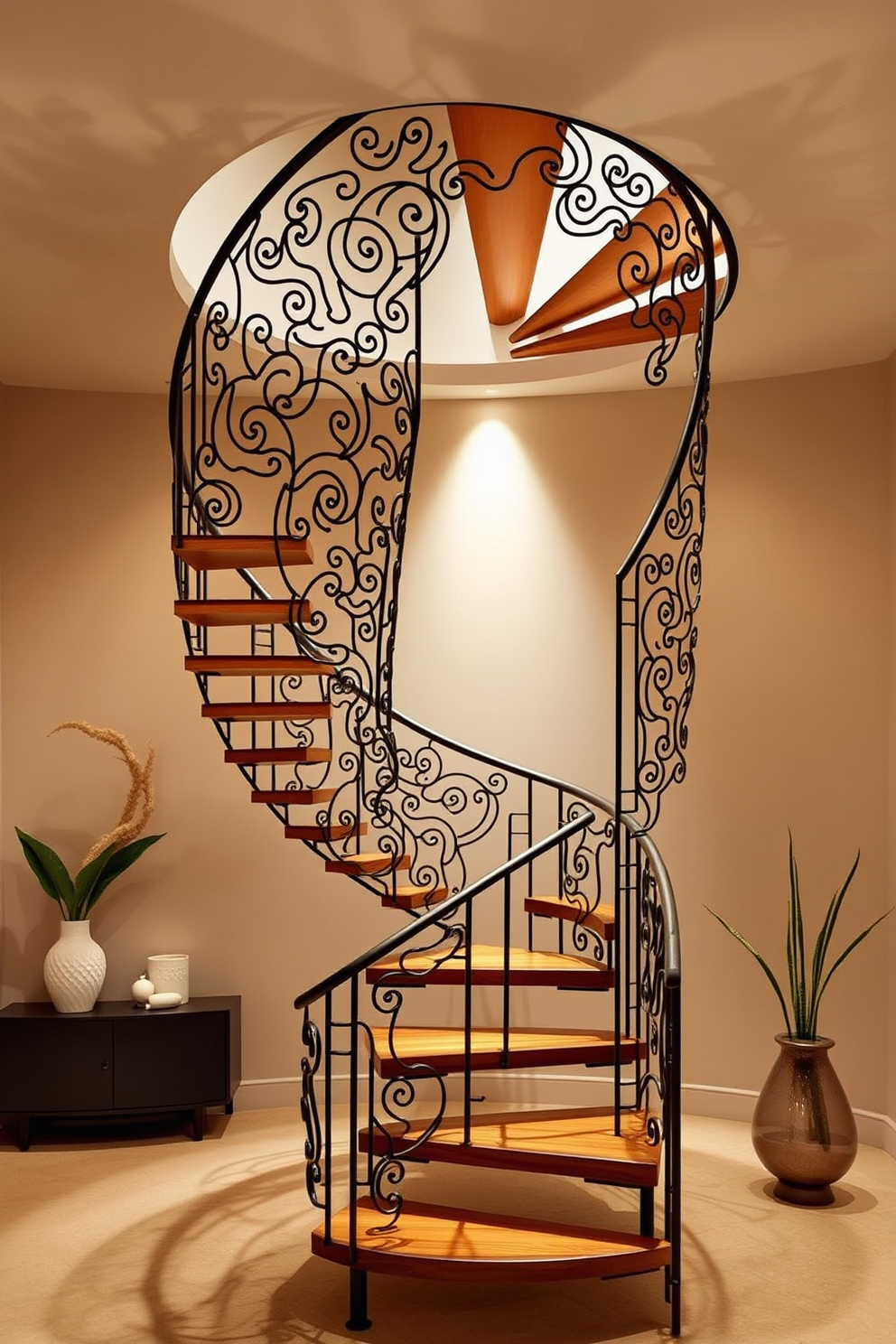 A stunning spiral staircase featuring intricate artistic metalwork spirals gracefully upwards. The design incorporates warm wood accents that complement the sleek lines of the Mid-Century Modern aesthetic. The staircase is illuminated by soft, ambient lighting that highlights the craftsmanship of the metalwork. Surrounding the staircase, minimalist decor enhances the elegance of the space while maintaining a cohesive design.