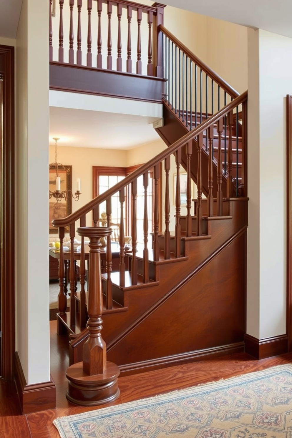 Classic wooden staircase with baluster details. The staircase features rich mahogany steps and intricately designed balusters that add elegance to the entryway. Mid-Century Modern staircase design ideas. The staircase showcases sleek lines with a combination of wood and metal, complemented by minimalist railings that reflect a timeless aesthetic.