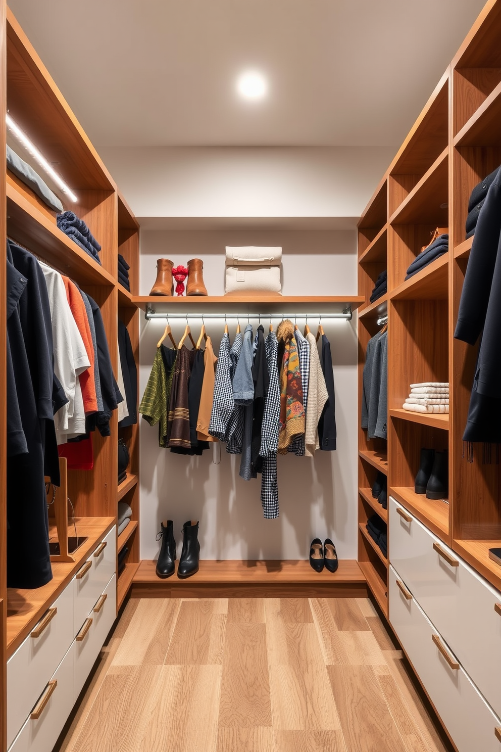 A stylish walk-in closet featuring open shelving for easy access to clothing and accessories. The design incorporates Mid-Century-Modern elements with warm wood tones and sleek lines, creating a functional yet aesthetically pleasing space.