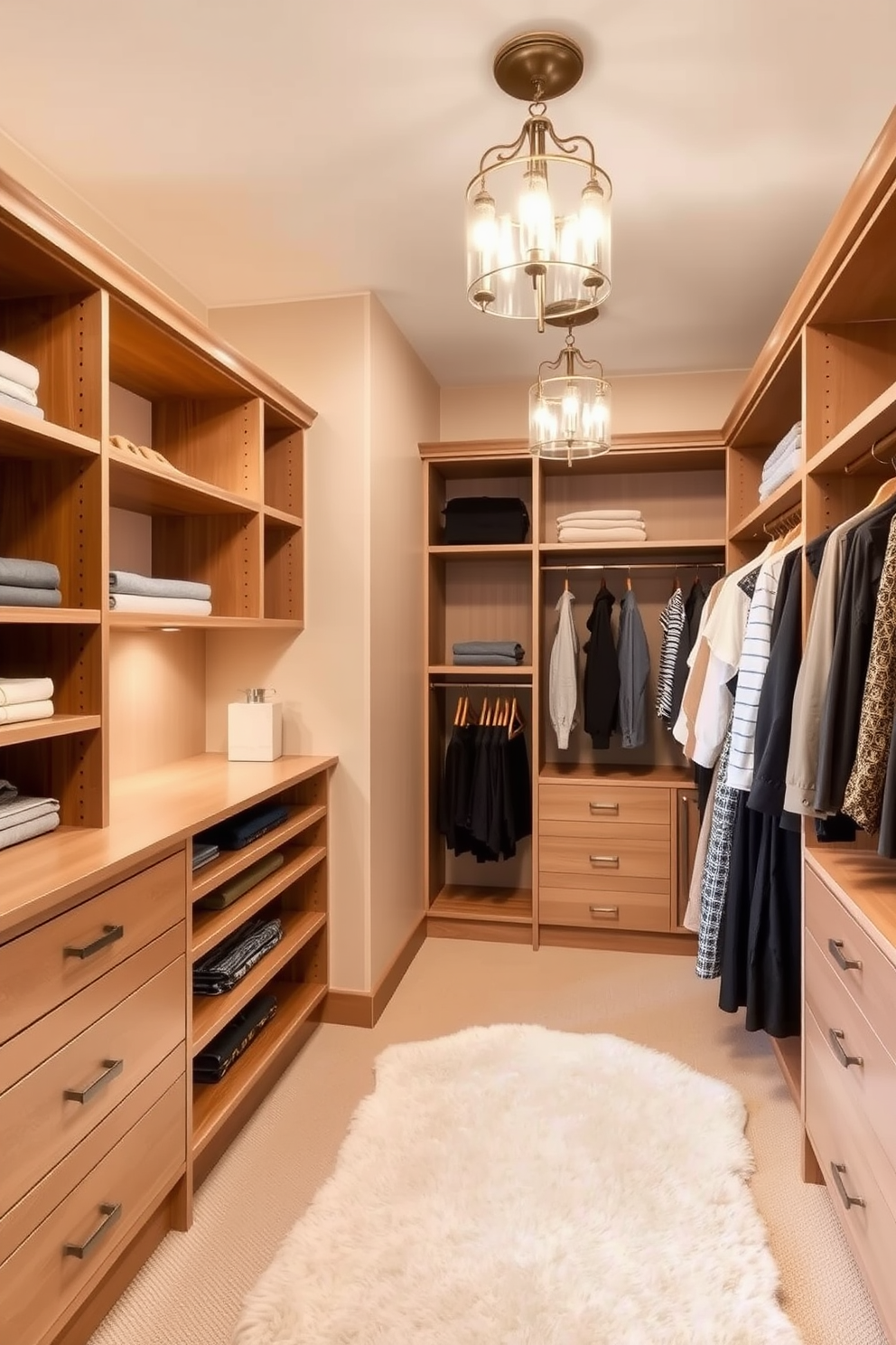 A spacious walk-in closet featuring a neutral color palette that promotes a calming atmosphere. The walls are painted in soft beige, complemented by warm wooden shelves and hanging rods. Stylish storage solutions include a combination of open shelving and closed cabinetry for a clean look. A plush area rug in a light tone adds warmth underfoot, while elegant lighting fixtures provide a soft glow throughout the space.