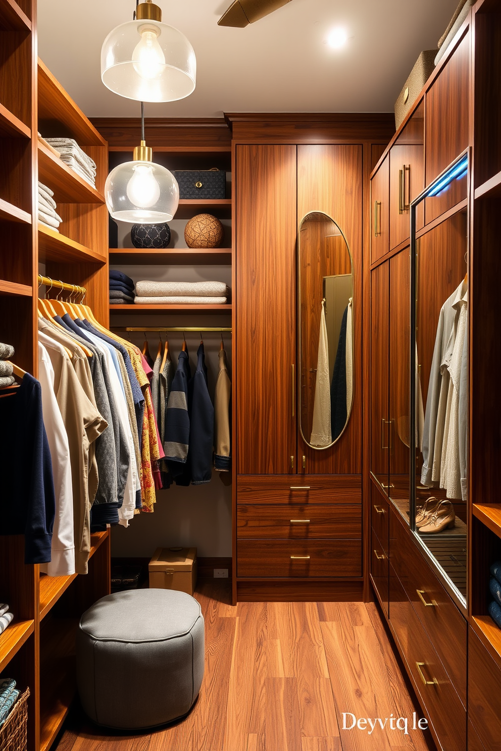 A spacious walk-in closet designed with modular storage units offers flexibility and organization. The sleek lines and warm wood tones of the Mid-Century-Modern style create a timeless aesthetic that enhances the overall elegance of the space. The closet features open shelving for easy access to shoes and accessories, while closed cabinets provide hidden storage for clothing. Soft lighting highlights the unique design elements and adds a cozy ambiance to the room.