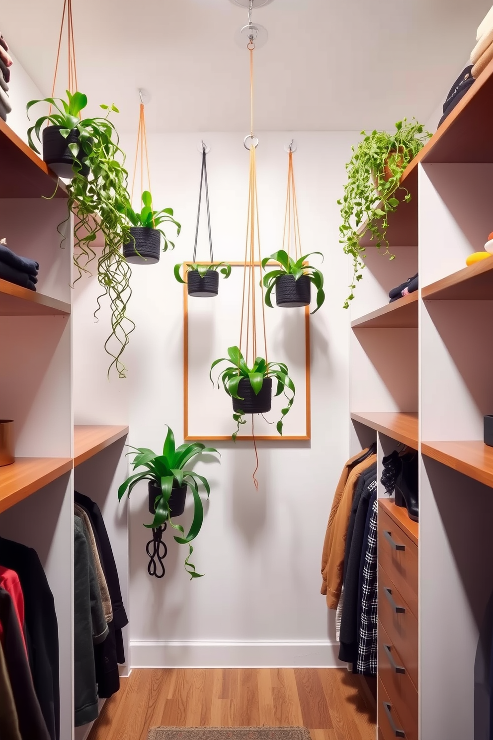 A stylish walk-in closet featuring hanging plants that create a fresh and inviting atmosphere. The space is designed with Mid-Century-Modern elements, showcasing sleek wooden shelving and a minimalist layout.