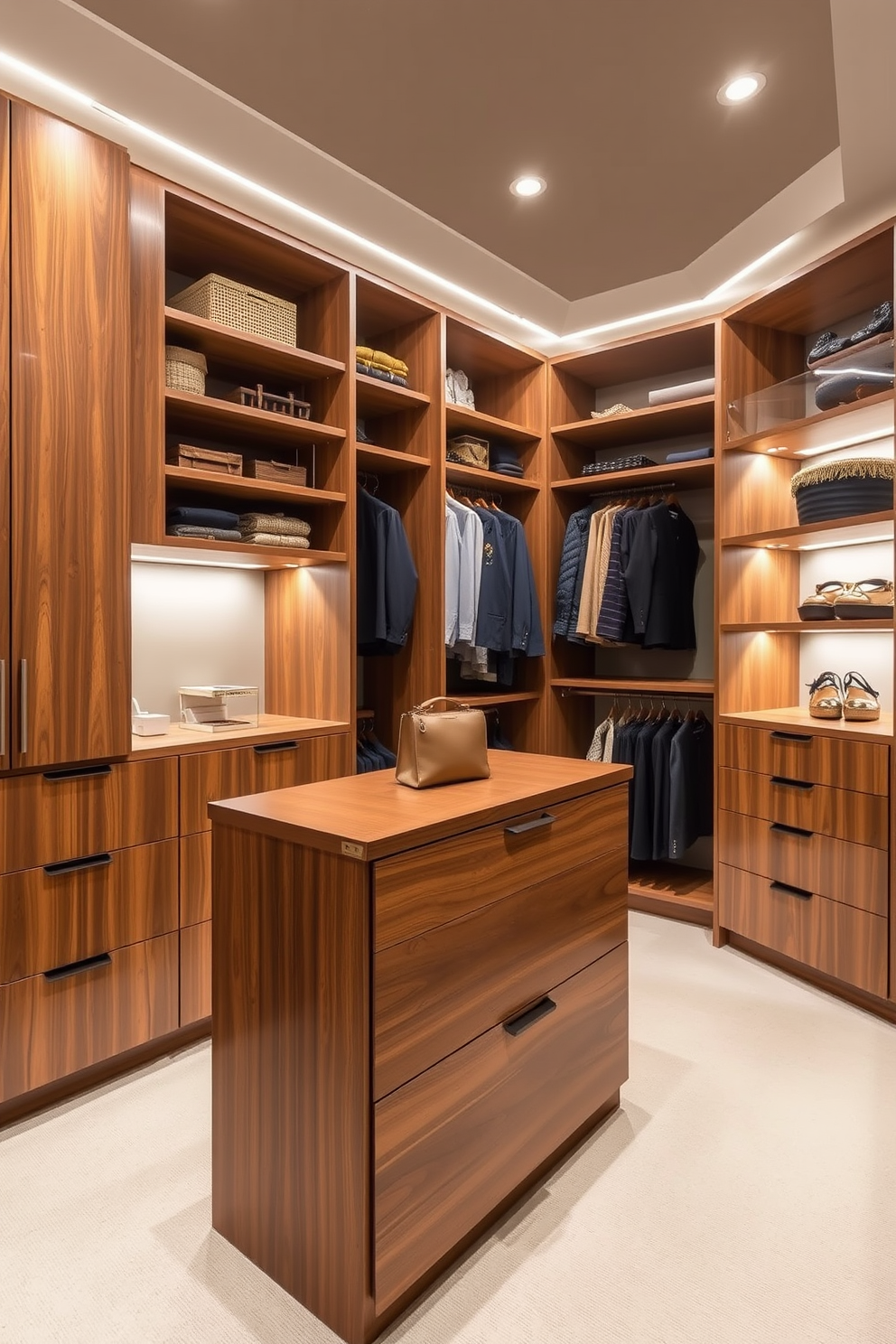 A Mid-Century-Modern walk-in closet features sleek wooden cabinetry with clean lines and a warm walnut finish. Wall-mounted hooks are elegantly arranged to display accessories, adding both functionality and style to the space.