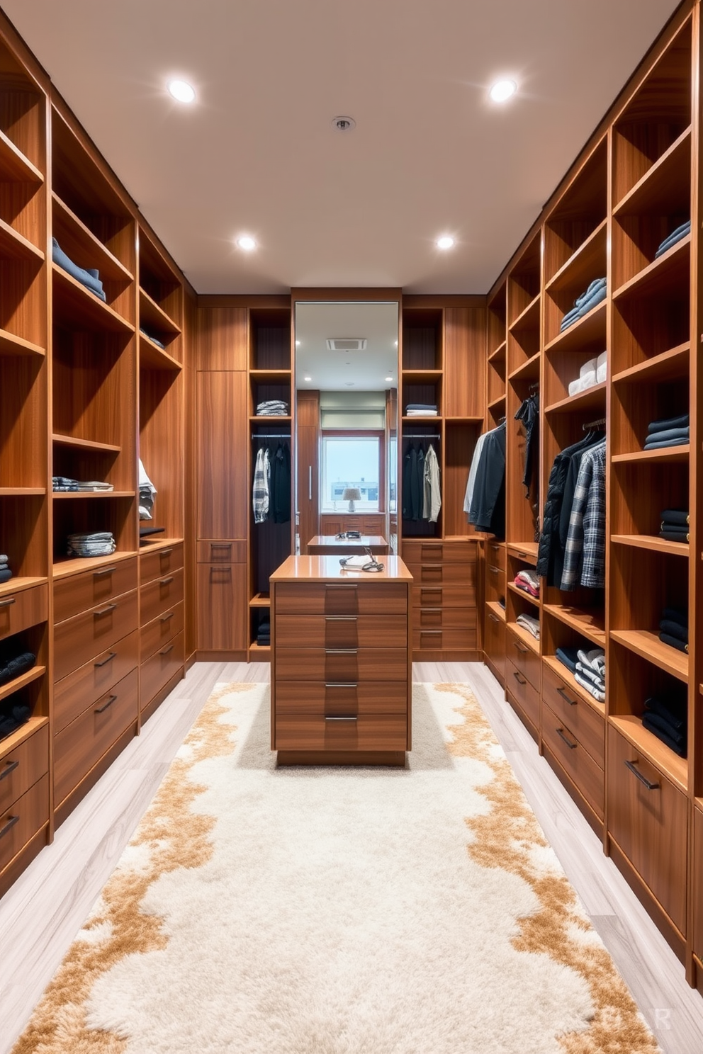 A spacious walk-in closet featuring floor-to-ceiling shelving units made of warm wood. The design incorporates a central island with drawers for accessories and a full-length mirror that reflects the stylish layout. The closet is illuminated by sleek recessed lighting that highlights the clean lines and modern aesthetic. A plush area rug adds comfort underfoot while maintaining the Mid-Century-Modern vibe with its geometric patterns.