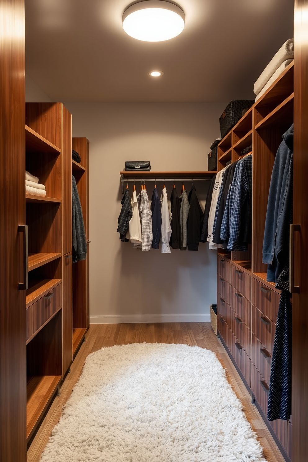 A spacious walk-in closet featuring a neutral color palette with pops of color throughout the space. The walls are painted in a soft beige, while vibrant accessories like a bright blue ottoman and colorful shoe boxes add visual interest. The closet includes sleek wooden shelving and hanging rods for clothing, complemented by a plush area rug in a geometric pattern. A large mirror with a minimalist frame reflects the stylish design, enhancing the overall ambiance of the room.