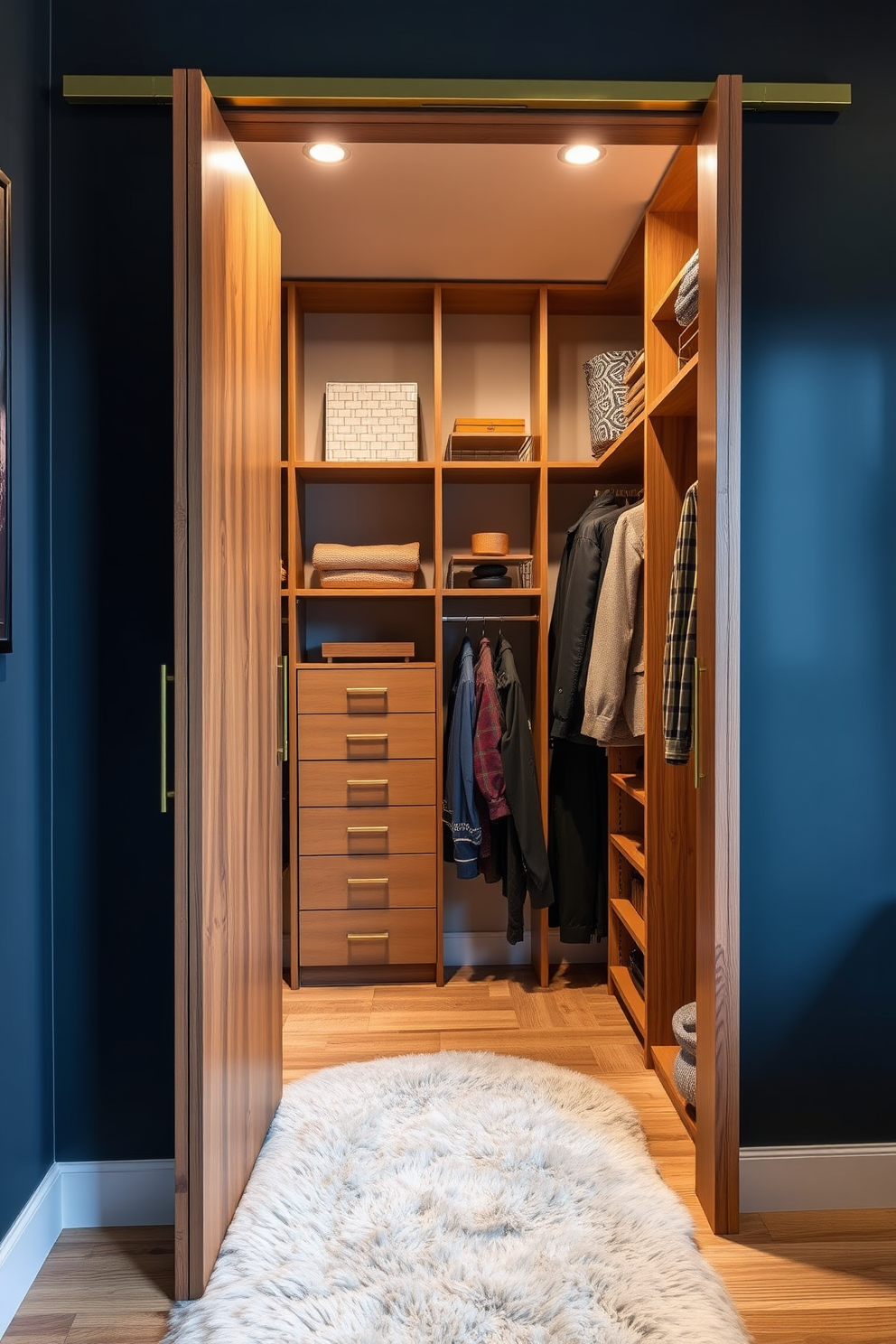 A stylish walk-in closet featuring sliding doors that enhance space-saving functionality. The design incorporates Mid-Century-Modern elements with wooden shelving, brass accents, and a plush area rug.