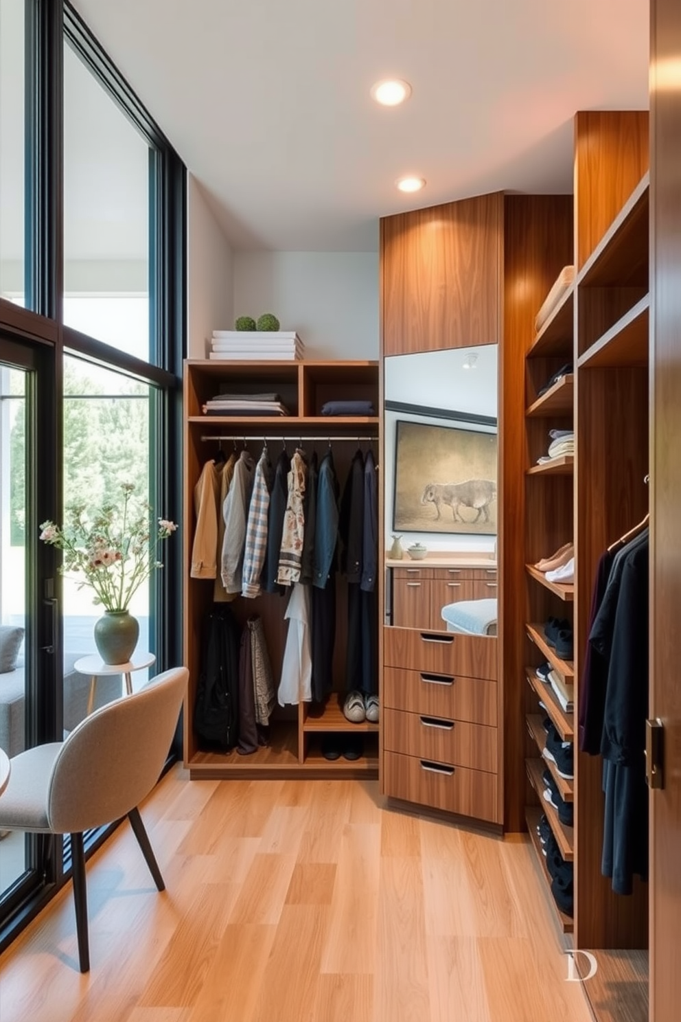 Custom cabinetry with unique hardware creates a striking focal point in a Mid-Century-Modern walk-in closet. The space features sleek lines and a warm wood finish, complemented by brass accents that add a touch of elegance.