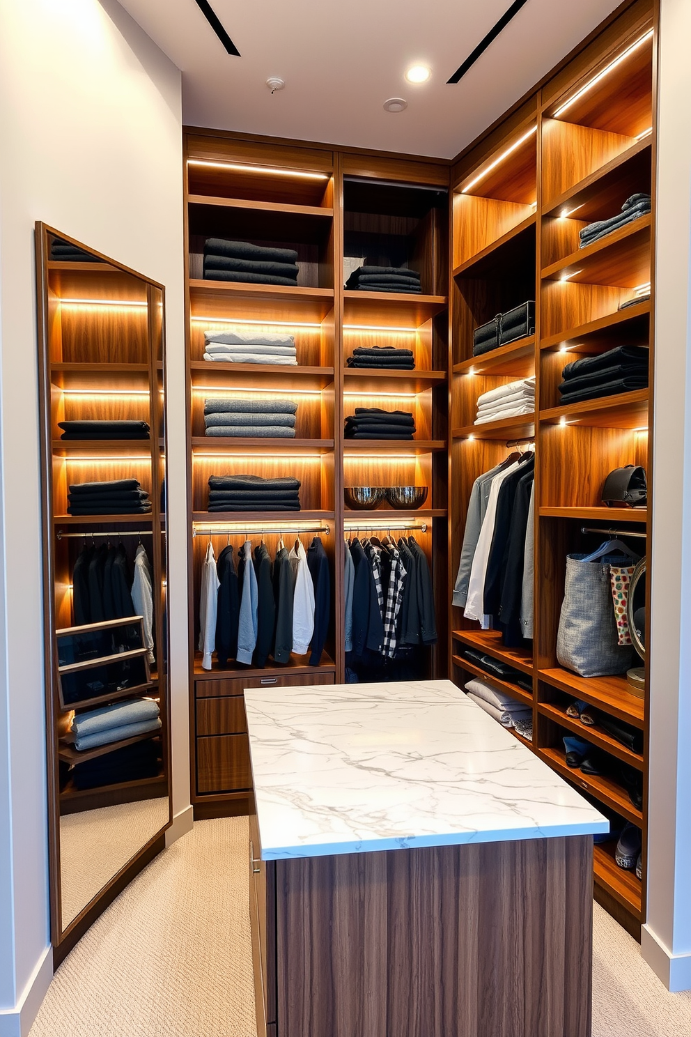 A stylish walk-in closet featuring integrated lighting within sleek shelving units. The shelves are made of rich walnut wood, showcasing a mix of folded clothes and hanging garments, all illuminated by warm LED strips. The closet includes a central island with a polished marble top, providing additional storage and display space. A full-length mirror is mounted on one wall, reflecting the organized elegance of the space.