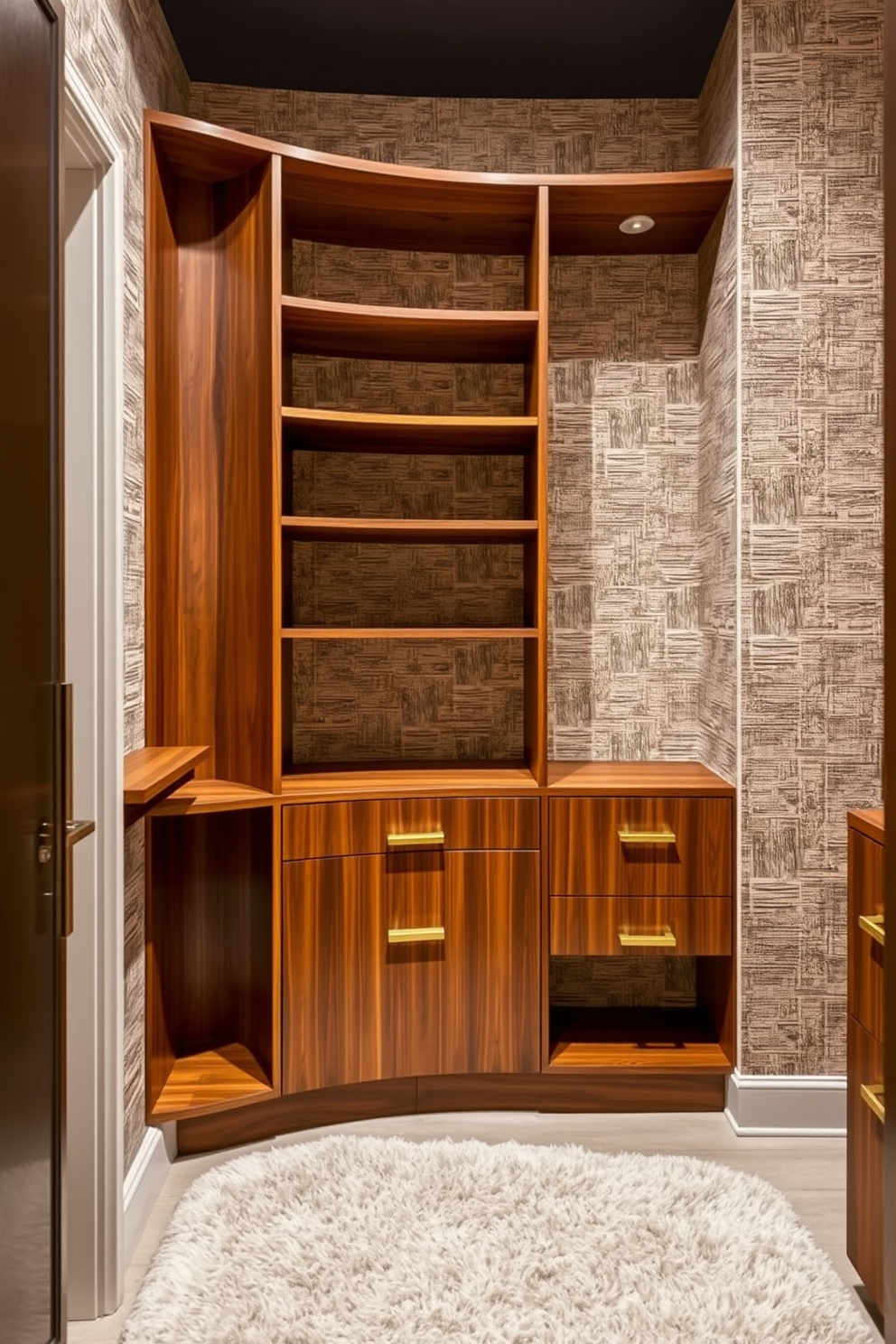 A walk-in closet featuring textured wallpapers that add depth and character to the space. The design incorporates sleek mid-century modern shelving units in rich wood finishes paired with minimalist brass hardware. Soft lighting fixtures are strategically placed to highlight the textures and create a warm ambiance. A plush area rug in a neutral tone complements the overall aesthetic while providing comfort underfoot.