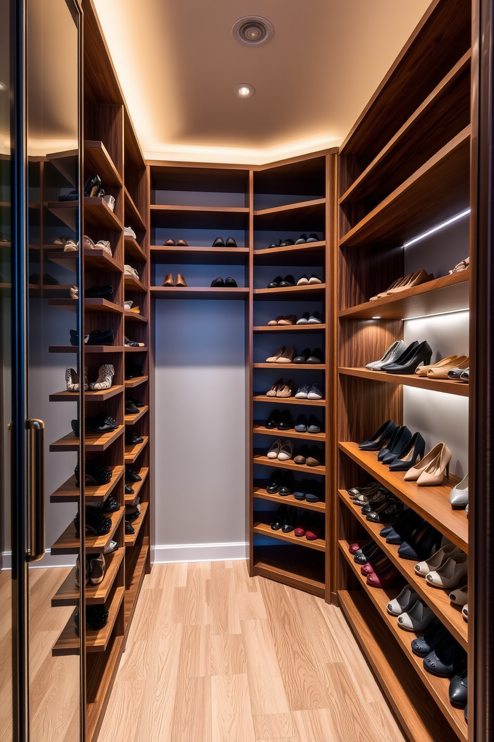 A stylish walk-in closet features spinning shoe racks that maximize storage efficiency. The racks are crafted from sleek wood and are positioned against the wall, allowing easy access to a variety of footwear. The closet is designed with Mid-Century-Modern aesthetics in mind, showcasing clean lines and functional elegance. Soft ambient lighting illuminates the space, highlighting the rich textures of the wooden shelves and the carefully curated selection of shoes.