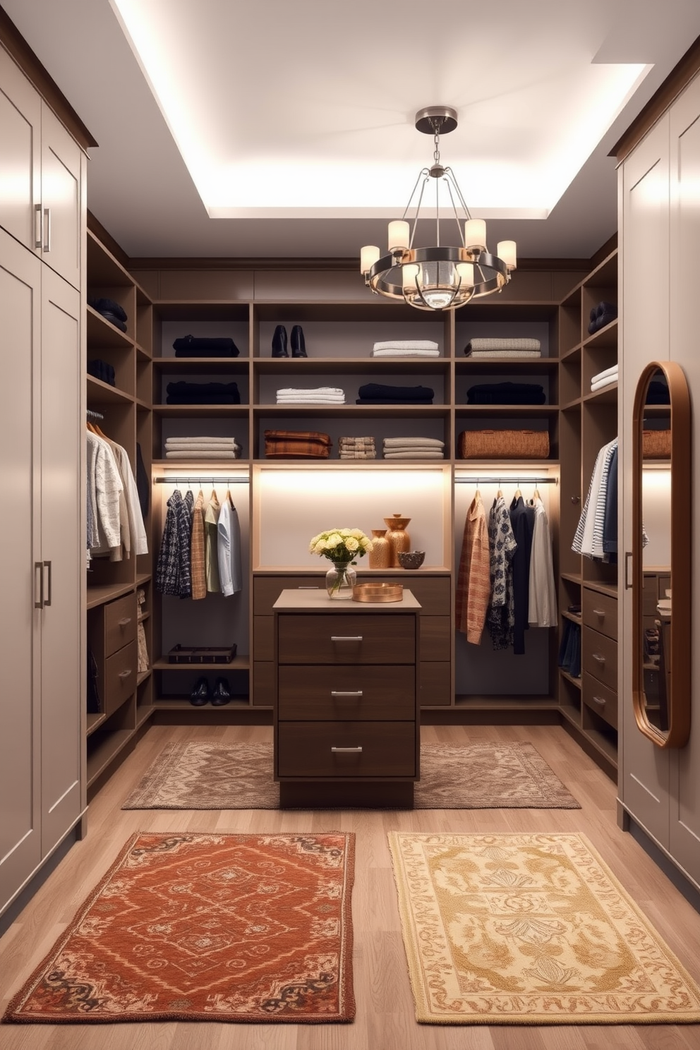 A stylish walk-in closet featuring a spacious layout with built-in shelving and hanging rods. The walls are painted in a soft neutral tone, and accent rugs are placed strategically to define the area and add warmth. The closet includes a central island with drawers for accessories and a full-length mirror mounted on one wall. Elegant lighting fixtures illuminate the space, enhancing the Mid-Century-Modern aesthetic with clean lines and geometric shapes.