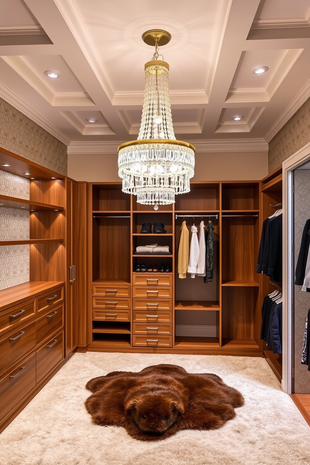 Elegant chandeliers for a touch of glamour. The room features a grand chandelier with crystal accents hanging from a coffered ceiling, illuminating the space with a warm glow. Mid-Century-Modern walk-in-closet design ideas. The closet showcases sleek wooden shelving and hanging rods, complemented by geometric patterns on the walls and a plush area rug underfoot.