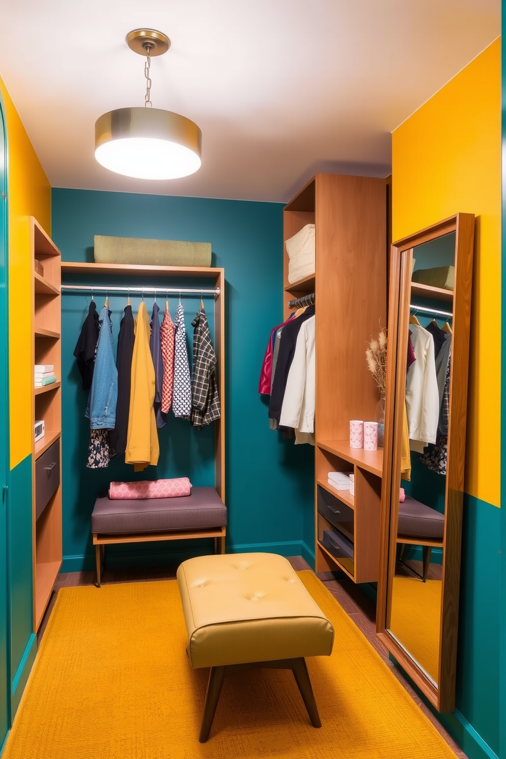 A vibrant walk-in closet featuring colorful accent walls in shades of teal and mustard yellow. The space is filled with sleek Mid-Century-Modern furniture, including a low-profile bench and geometric shelving units for organized storage. The closet is illuminated by a stylish pendant light that enhances the playful color scheme. A full-length mirror with a wooden frame reflects the chic design, creating a welcoming atmosphere for fashion selections.