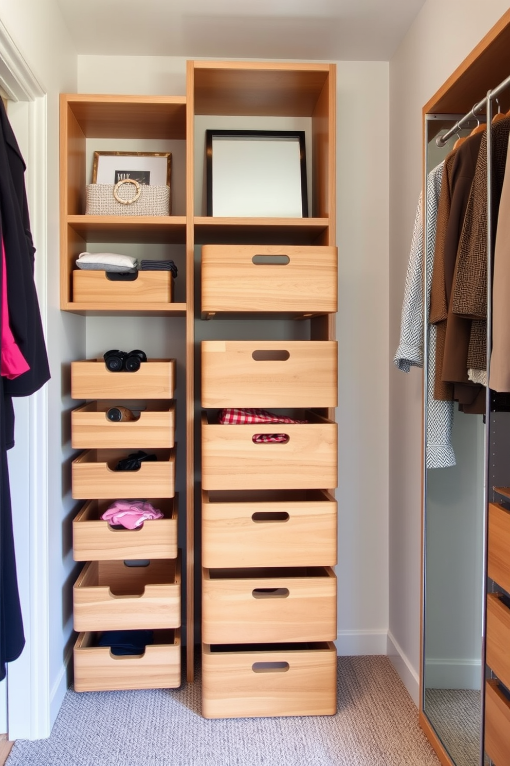 Brightly colored storage bins add a playful touch to a Mid-Century Modern walk-in closet. The space features sleek wooden shelving, with vibrant bins neatly arranged to organize accessories and shoes.