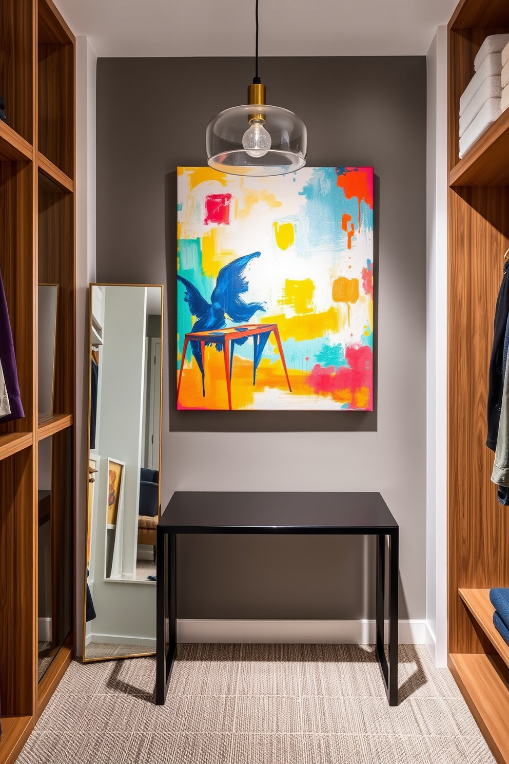 Artistic wall art for personal flair. A large canvas painting with vibrant colors hangs above a sleek console table, creating a focal point in the room. Mid-Century-Modern Walk-In-Closet Design Ideas. The closet features open shelving with wooden accents, complemented by a full-length mirror and stylish pendant lighting for a chic atmosphere.