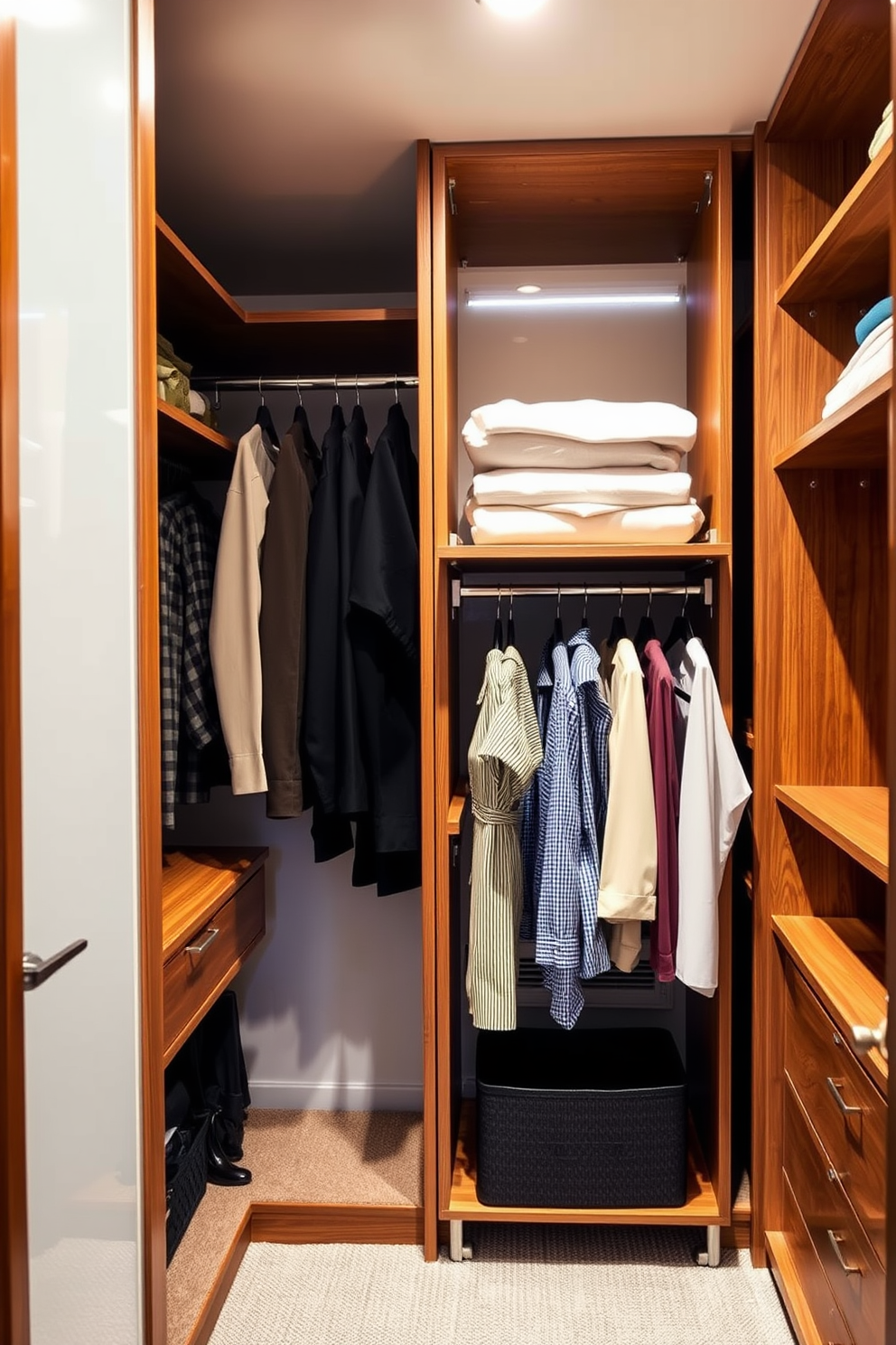 A stylish walk-in closet featuring curved shelving that adds a soft and inviting touch. The design incorporates warm wood tones and soft lighting, creating an atmosphere of luxury and comfort. The closet is organized with a mix of open and closed storage options, allowing for easy access to clothing and accessories. Mid-Century-Modern elements are highlighted through sleek lines and functional design, ensuring a perfect blend of style and practicality.