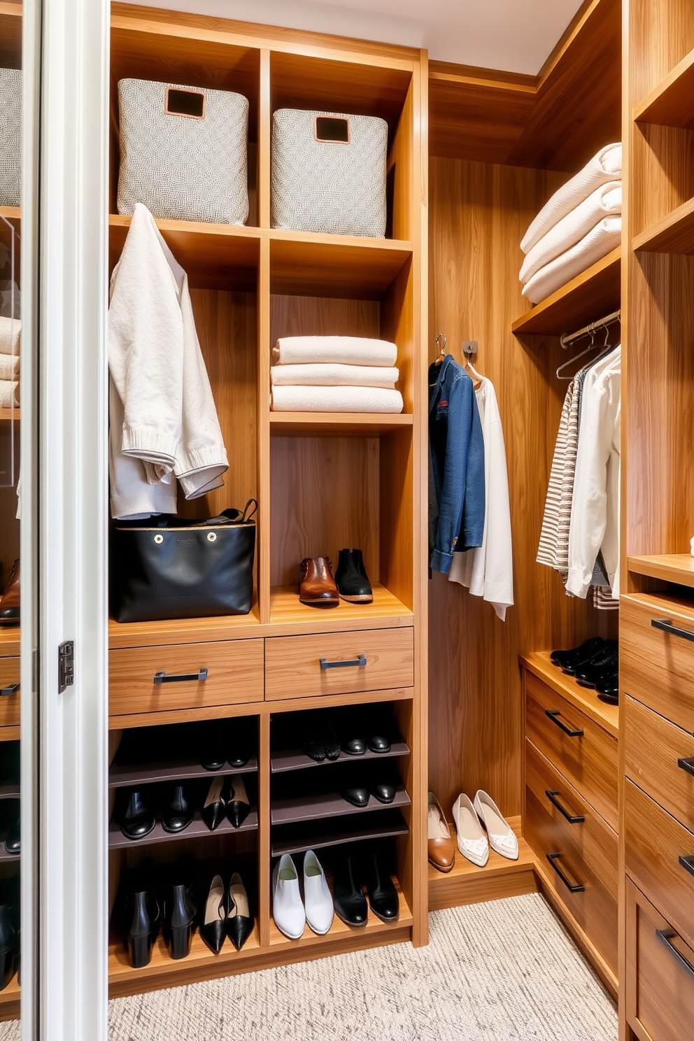 A stylish walk-in closet features sleek shoe organizers underfoot, designed to maximize space while keeping footwear easily accessible. The room showcases Mid-Century-Modern elements, with warm wood tones and clean lines that create a sophisticated yet inviting atmosphere.