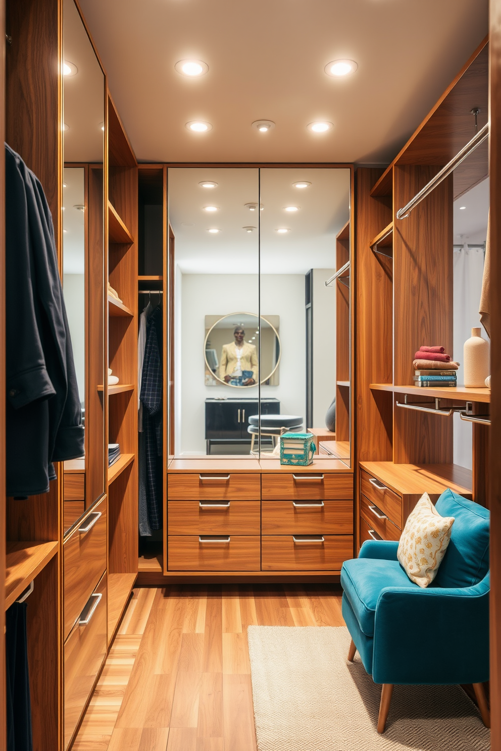 A stylish walk-in closet featuring fabric storage boxes adorned with nostalgic patterns. The closet is designed with Mid-Century-Modern aesthetics, showcasing sleek lines and a warm wood finish.