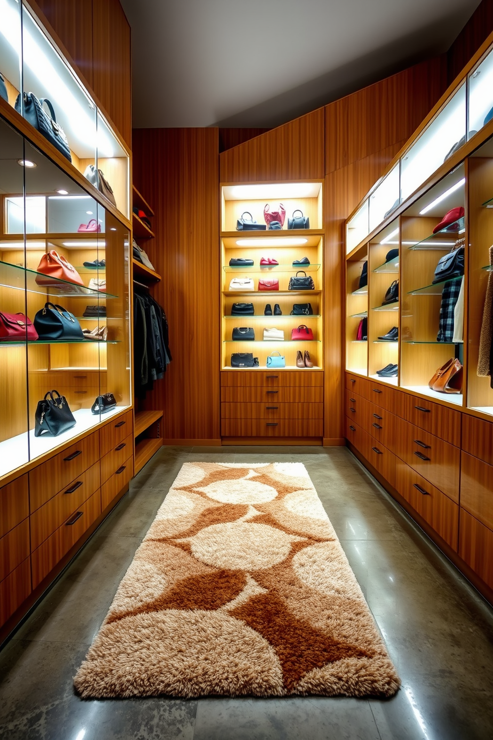 A spacious walk-in closet features lighted display cases that elegantly showcase designer handbags and shoes. The walls are adorned with warm wood paneling, and the flooring is a sleek, polished concrete that complements the Mid-Century-Modern aesthetic. The closet is designed with a combination of open shelving and closed cabinetry, providing ample storage while maintaining a clean look. A plush area rug in a geometric pattern adds a touch of comfort and style to the space.