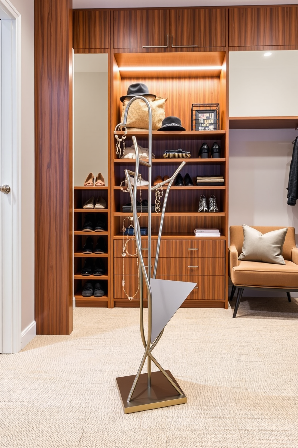 A unique display stand for accessories features a combination of geometric shapes in a sleek metallic finish. The stand is designed to showcase a variety of jewelry, hats, and bags, adding a touch of elegance to the space. The Mid-Century-Modern walk-in closet design incorporates rich wood tones and clean lines. It includes open shelving for shoes and accessories, along with a plush seating area for comfort and style.