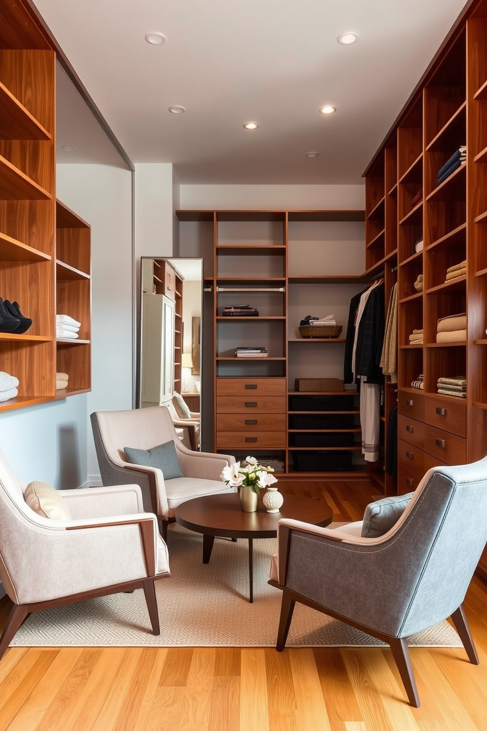 A stylish walk-in closet featuring spinning shoe racks for easy access. The design incorporates Mid-Century-Modern elements with sleek wooden shelves and brass accents. The walls are painted in a soft beige tone, enhancing the warm atmosphere of the space. Ample lighting is provided by pendant fixtures that highlight the organized shoe display.