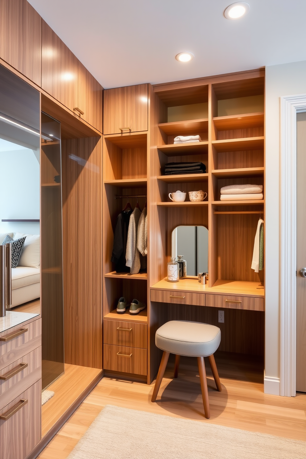 A built-in makeup vanity with ample storage space is designed for convenience and functionality. The vanity features a large mirror, stylish lighting, and a comfortable stool, creating an inviting space for daily beauty routines. The Mid-Century-Modern walk-in closet showcases sleek lines and open shelving for an organized appearance. Natural wood finishes and minimalist hardware enhance the aesthetic, while a cozy seating area provides a perfect spot to relax and plan outfits.