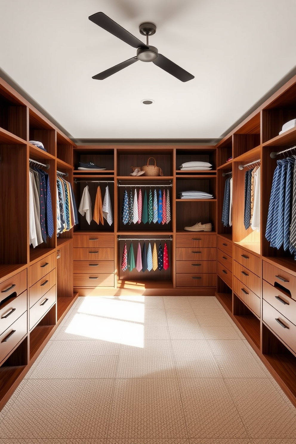 Create a Mid-Century-Modern walk-in closet featuring elegant tie racks for organized accessories. The space should have warm wood tones, sleek lines, and ample natural light filtering through large windows.