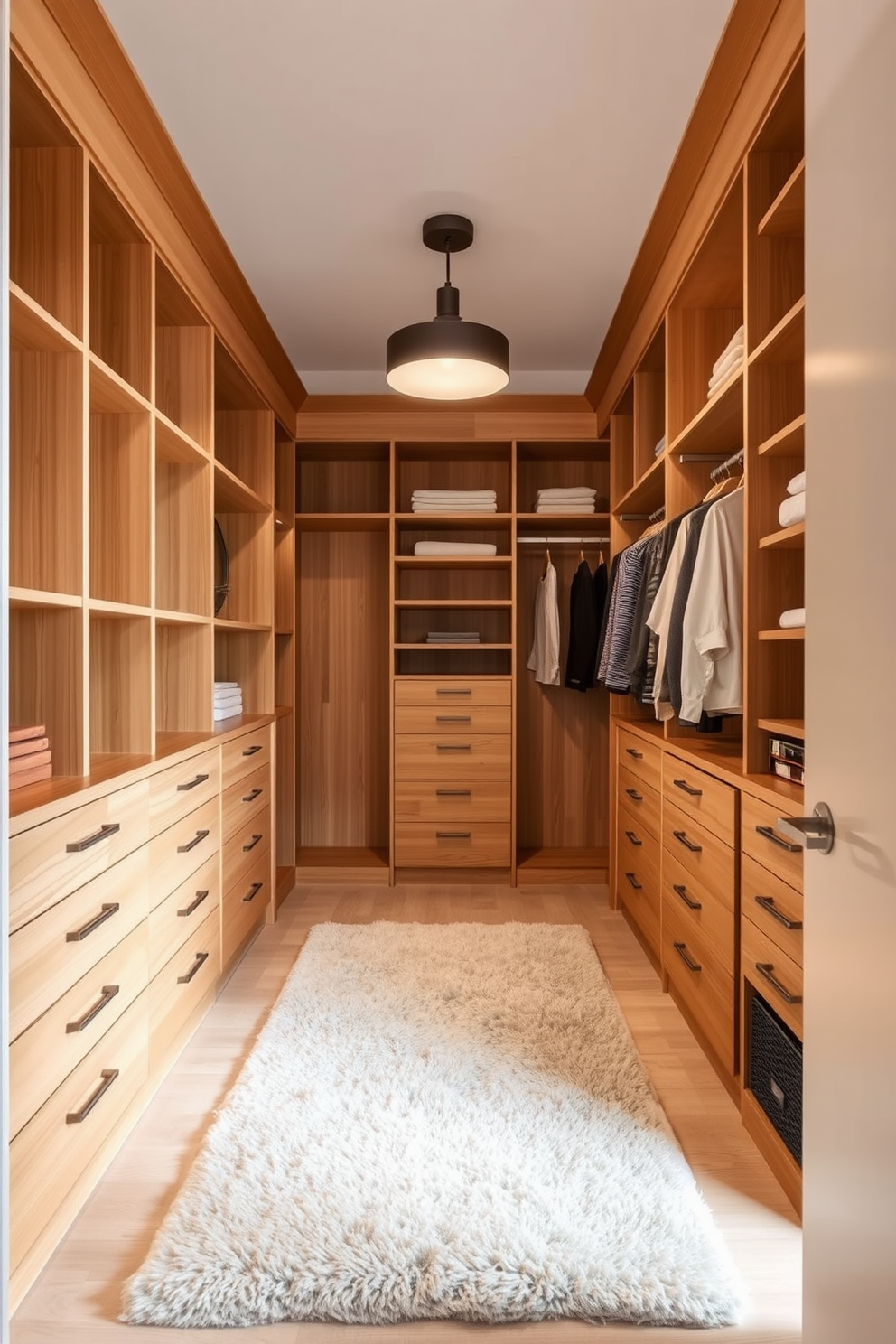 A spacious walk-in closet featuring natural wood finishes that create a warm and inviting atmosphere. The design includes open shelving and hanging spaces, complemented by a plush area rug and stylish lighting fixtures. The closet is organized with a combination of drawers and compartments, showcasing a blend of functionality and elegance. Soft neutral tones are used for the walls, enhancing the overall Mid-Century-Modern aesthetic.