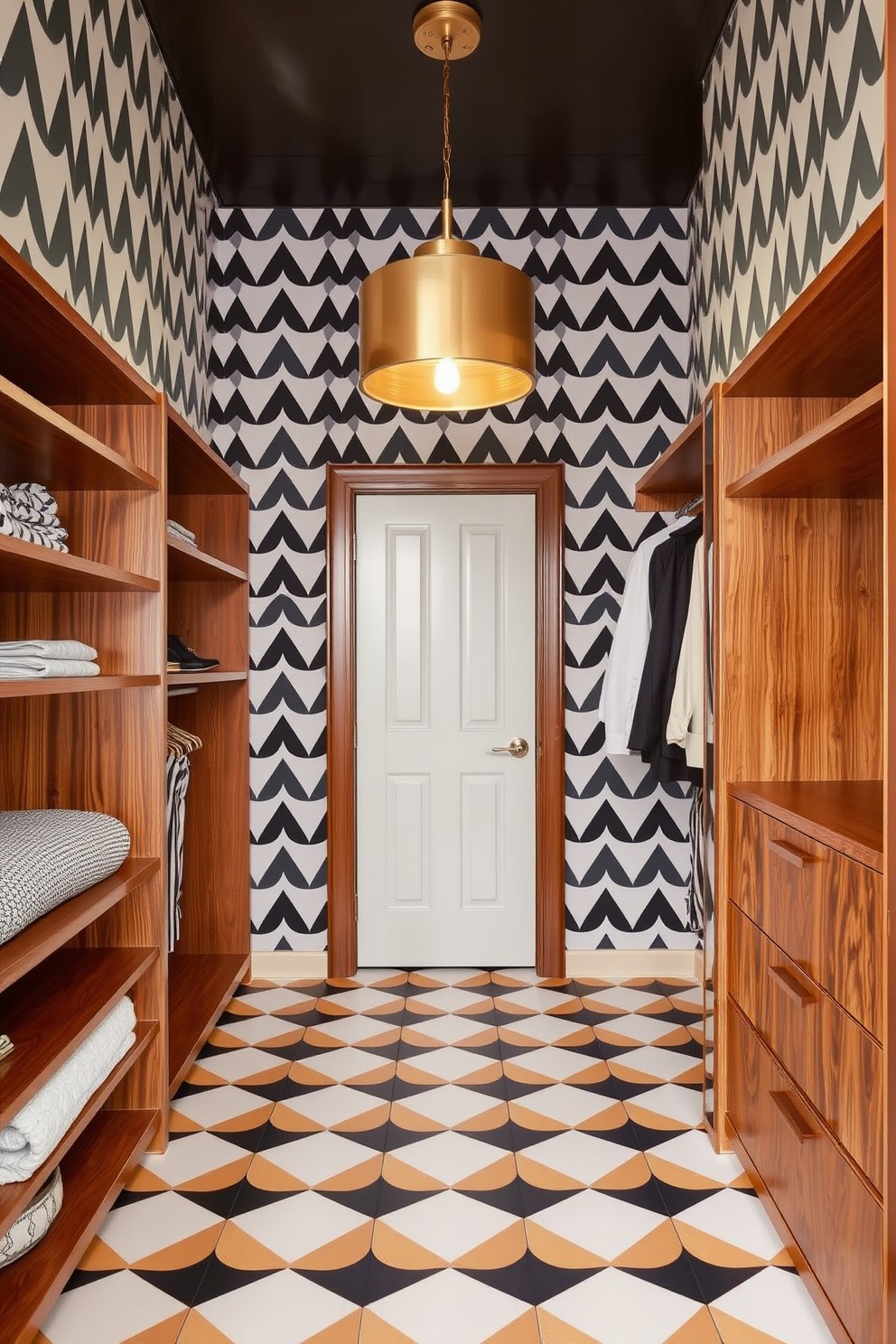 A stylish walk-in closet featuring bold geometric patterns on the walls and floor. The design incorporates Mid-Century-Modern elements with sleek wooden shelving and a statement light fixture.