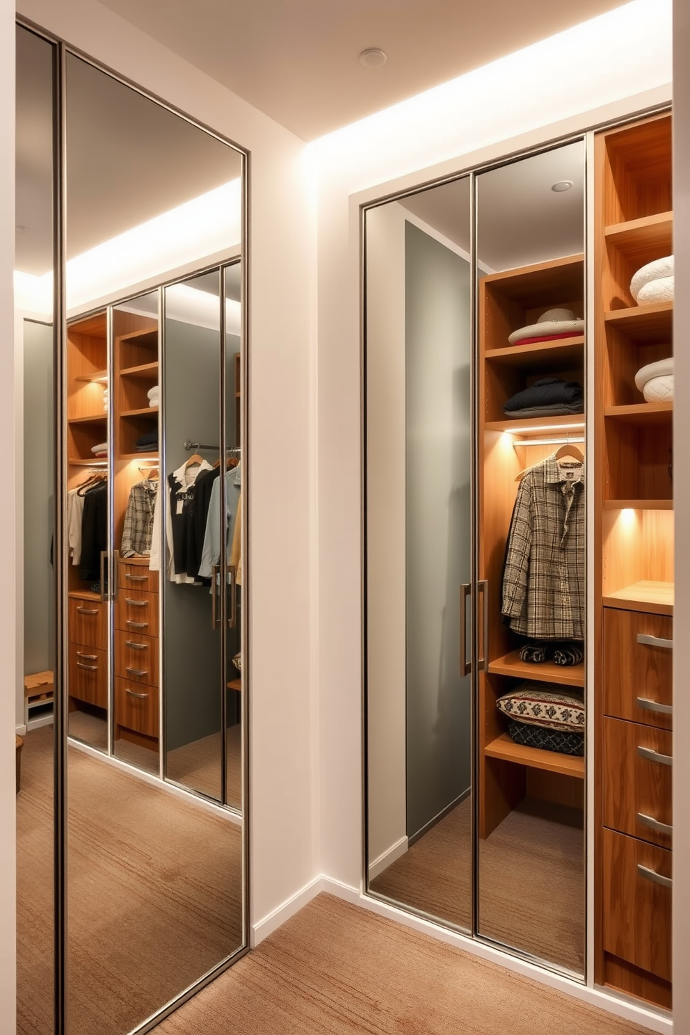 A spacious walk-in closet featuring mirrored doors that reflect light and create an illusion of a larger area. The design incorporates clean lines and minimalist shelving, with warm wood tones and soft lighting to enhance the Mid-Century-Modern aesthetic.