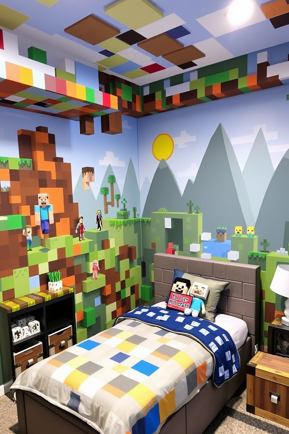 A vibrant Minecraft block-themed wall art display fills the room with color and creativity. The artwork features various iconic blocks from the game, arranged in a playful and engaging pattern. The bedroom is designed with a cozy atmosphere, incorporating soft textures and a color palette inspired by the game. A comfortable bed is adorned with pixelated bedding, and plush toys of Minecraft characters add a fun touch to the space.