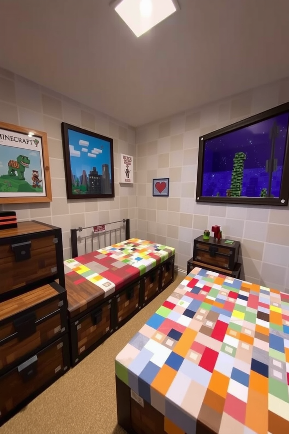 A cozy Minecraft bedroom featuring chests as stylish storage solutions. The room is adorned with pixelated artwork on the walls and a bed crafted from colorful blocks, creating a playful yet inviting atmosphere.