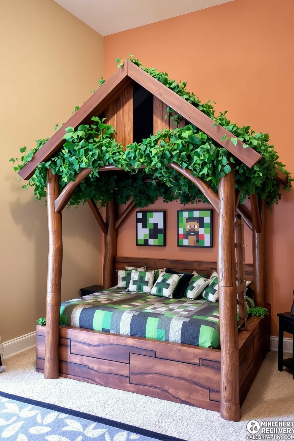 A whimsical treehouse bed design that captures the spirit of adventure. The bed is elevated with wooden planks and surrounded by faux foliage, creating a cozy canopy. The walls are painted in soft earthy tones, enhancing the outdoor feel. Minecraft-inspired decor elements, such as pixelated wall art and block-shaped cushions, complete the playful atmosphere.