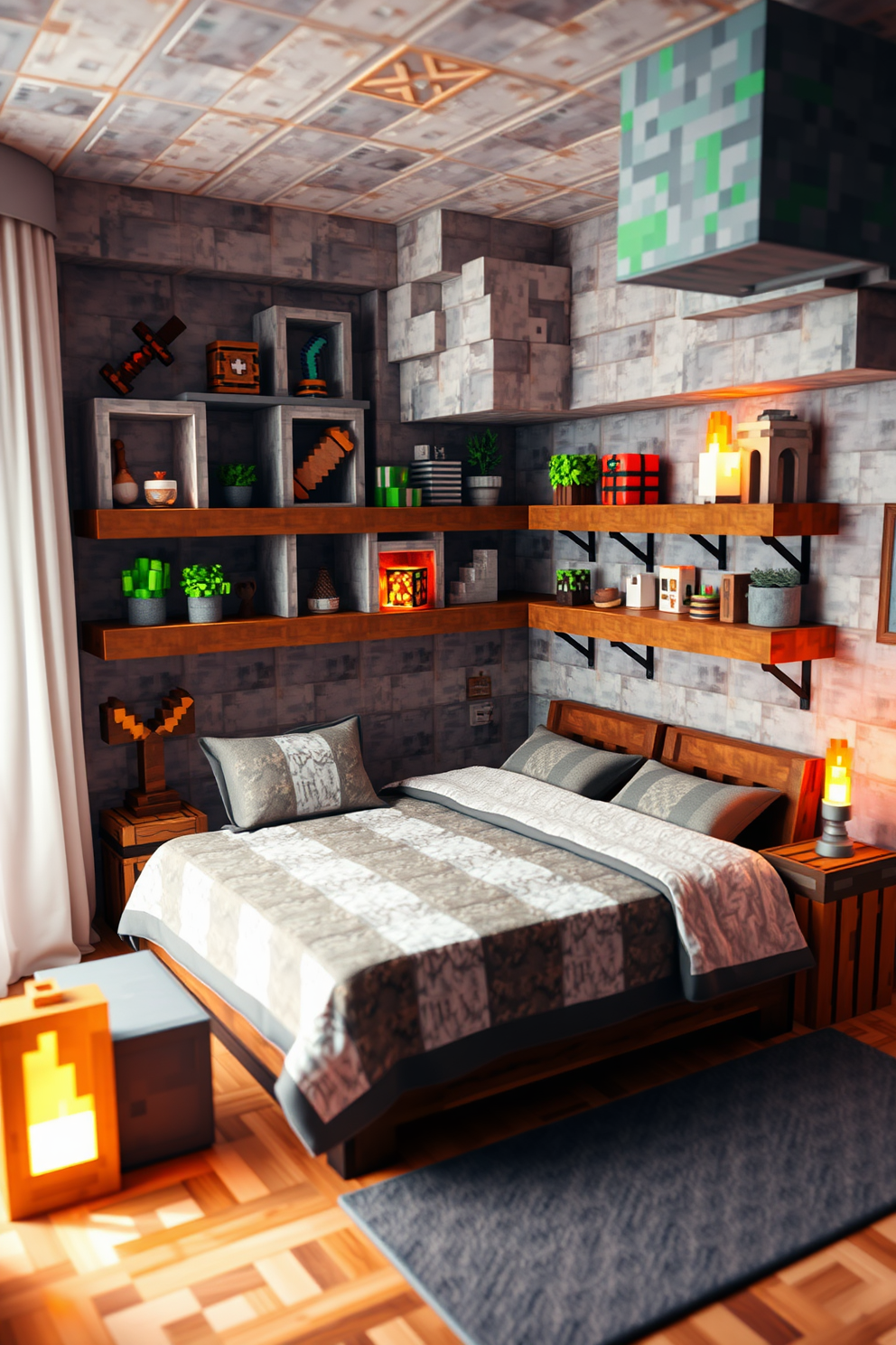 A cozy Minecraft bedroom featuring block shelves made from various Minecraft materials. The shelves are filled with display items like crafted tools, plants, and decorative blocks, creating a vibrant and playful atmosphere. The bedroom includes a bed crafted from wool blocks with a matching quilt and pillows. Soft lighting from torches and glowstone enhances the inviting feel of the space.