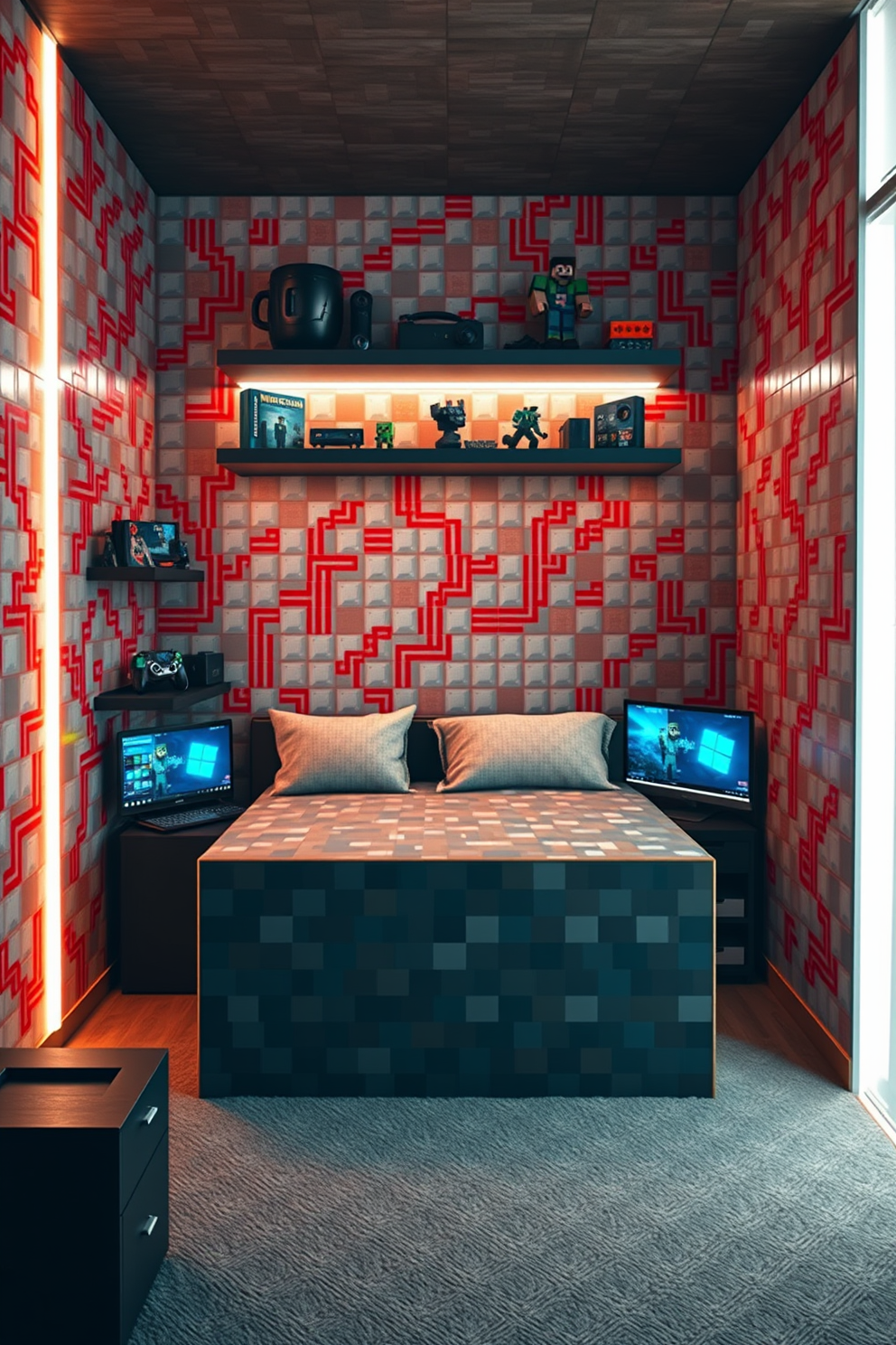 A Minecraft bedroom designed for tech lovers featuring redstone circuit decorations. The walls are adorned with pixelated redstone patterns, and a bed shaped like a crafting table sits in the center of the room. Above the bed, a shelf displays various Minecraft-themed collectibles and LED strip lights illuminate the space. A desk in one corner is equipped with gaming gear and a screen showcasing the Minecraft interface.