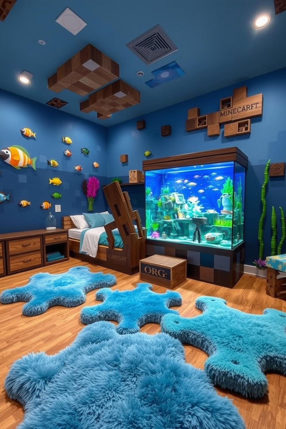 A whimsical Minecraft bedroom featuring underwater-themed decor elements. The walls are painted in shades of blue, adorned with pixelated fish and coral murals, while a bed is designed to resemble a submerged shipwreck. A large aquarium serves as a centerpiece, filled with colorful fish and aquatic plants, creating a serene atmosphere. Soft, plush rugs shaped like sea creatures are scattered across the floor, adding comfort and fun to the space.