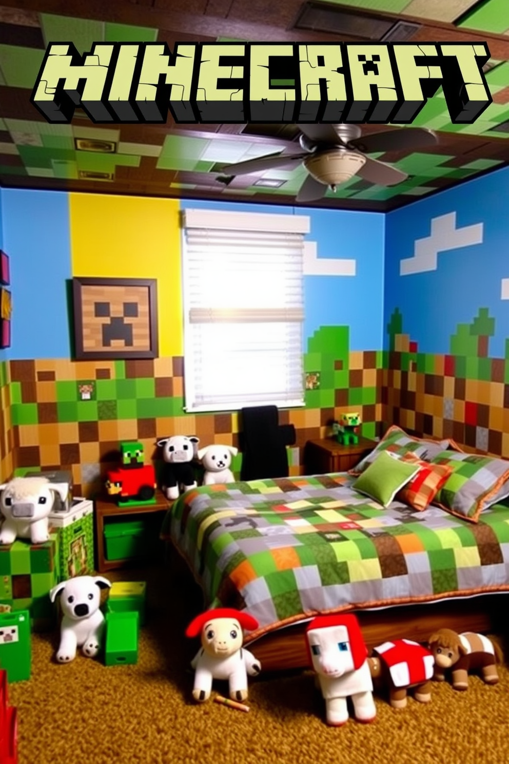 A cozy Minecraft-themed bedroom featuring plushies of farm animals scattered throughout the space. The walls are painted in bright colors with pixelated designs, and a large bed is adorned with Minecraft-themed bedding.