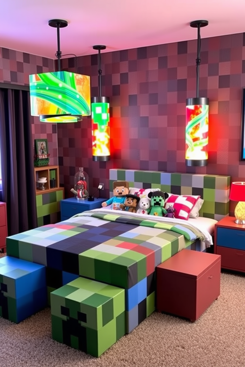 A Minecraft-themed bedroom features blocky furniture and vibrant colors inspired by the game. The centerpiece is a bed designed to resemble a Minecraft block, complete with pixelated bedding and plush toys. Lava lamp inspired lighting fixtures add a playful touch to the room. These fixtures, with their swirling colors and unique shapes, create a whimsical atmosphere that complements the overall design.